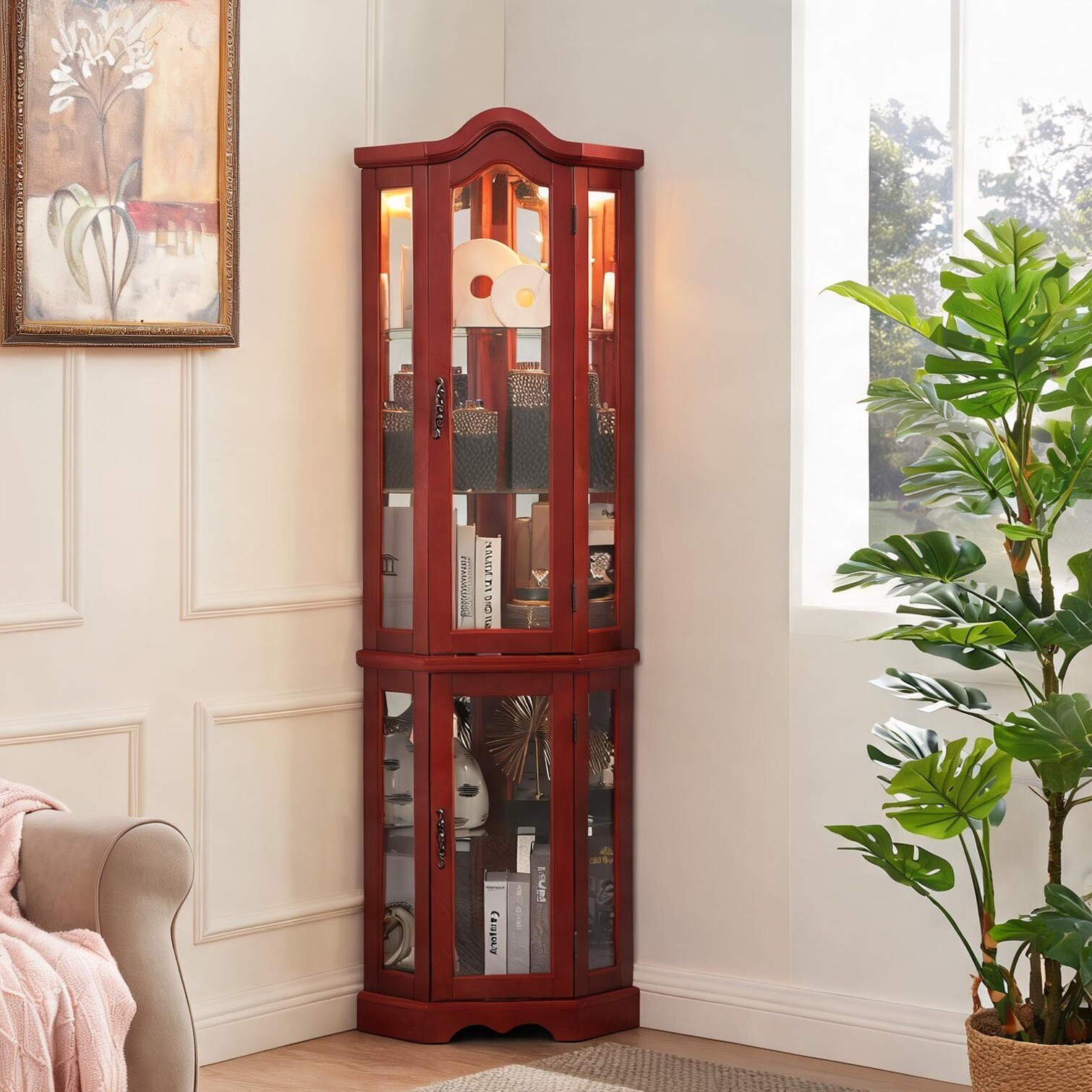 SunJet Corner Curio Cabinet with Glass Doors and Light Cherry MDF 4 Tempered Glass Shelves 70-Inch Tall Display Storage