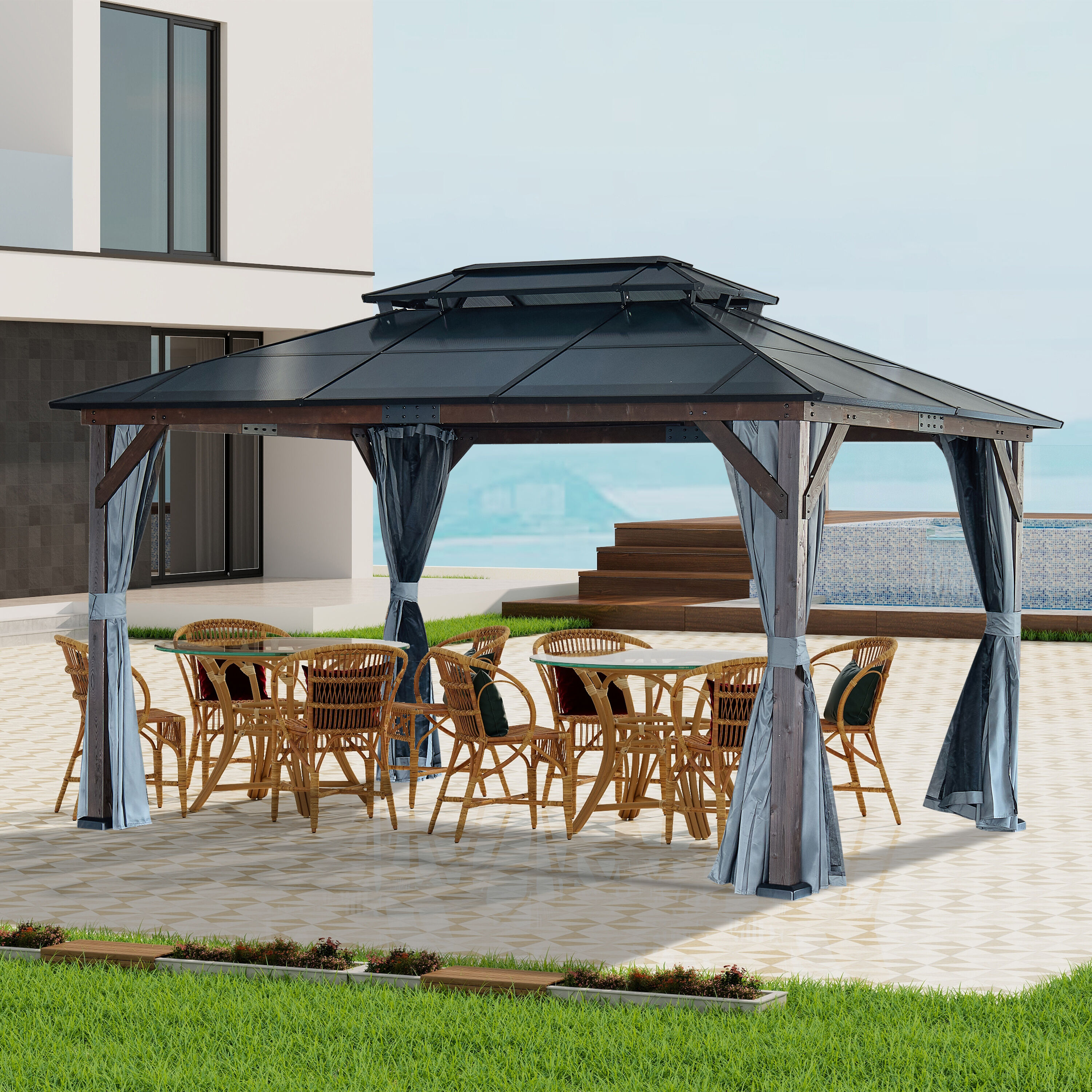 JIMSMAISON BOGASCG09B-BRO 12.13-ft x 8.83-ft Brown Gazebo with Hardtop Roof (Screen Included)