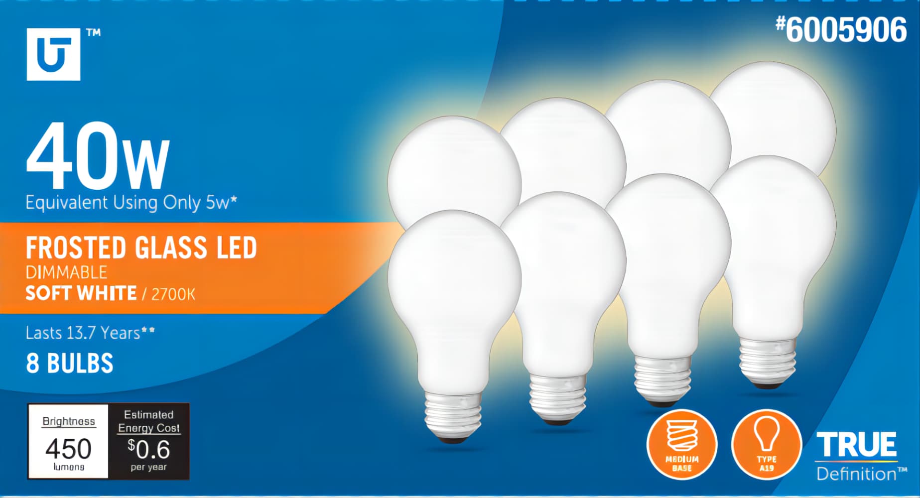 Utilitech 3A19DG5WOP27K8P 40 -Watt EQ A19 Soft white E26 Dimmable LED General purpose Light Bulb 8 -Pack