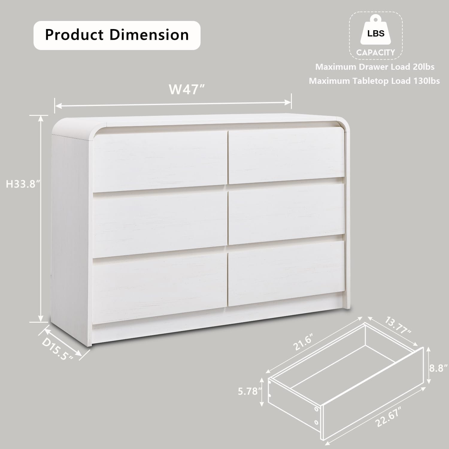 Texture Based Design DecorUHome 6-Drawers Dresser with Curved Profile Design Natural Texture ...