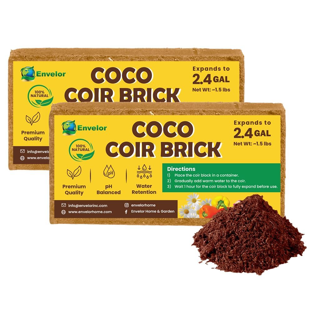 Envelor -  Coco Coir for Plants 2 Pack 2.2 Gallons Compressed Coconut Coir Bricks 1.5 lb