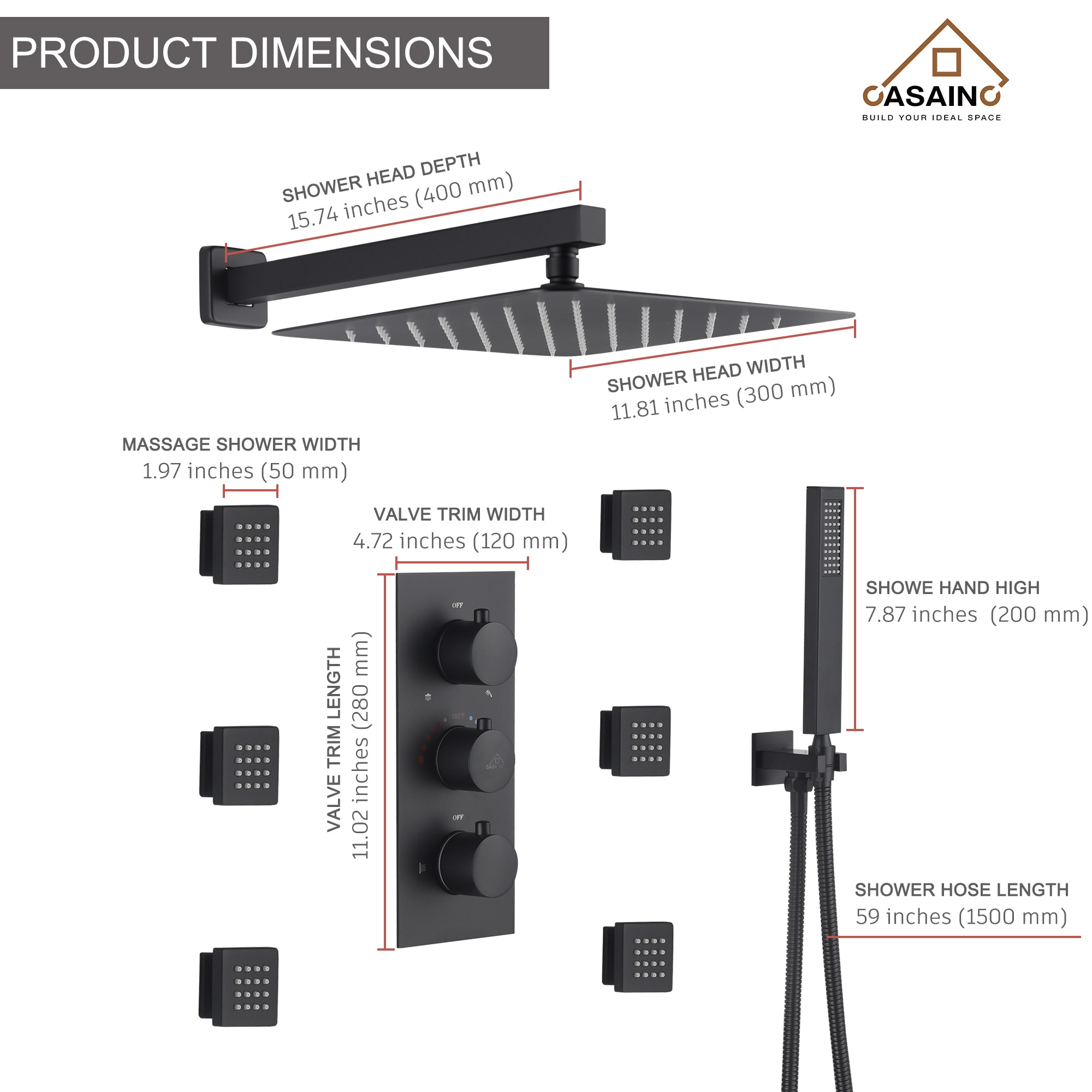 CASAINC M6001-A-12-MB Showerhead-Bar-Panels - View #9