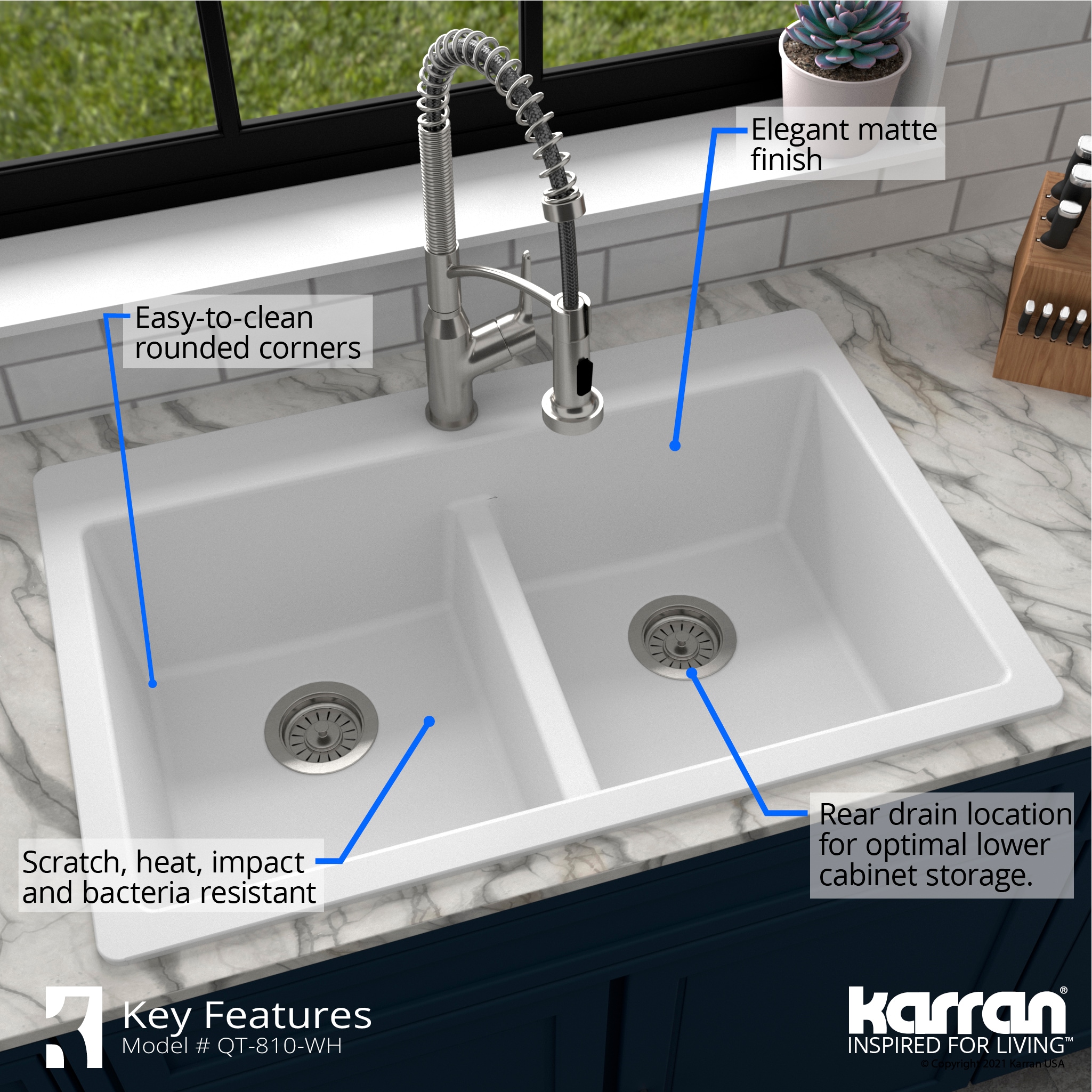 Karran Drop-In 33-in x 22-in White Quartz Double Equal Bowl 1-Hole 