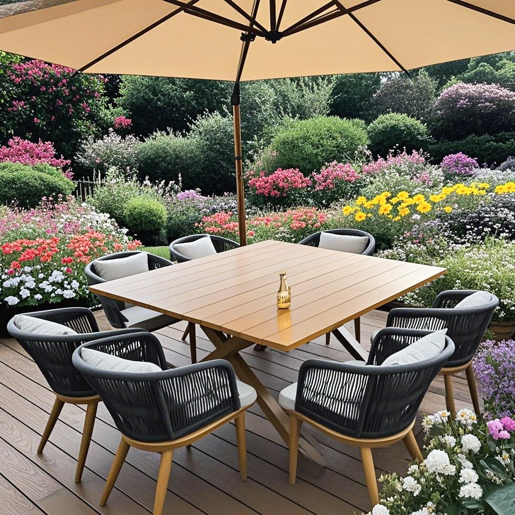 PURPLE LEAF LS06-DSYM09-AW-155 9 -Piece 9 pieces-Square Wicker Patio Dining Set Wood Square Table with 8 Tan Cushions Stationary Chairs