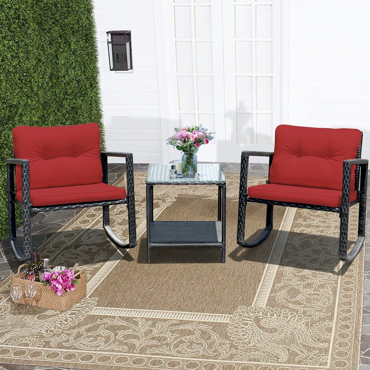Costway HW59092WN 3PCS Patio Rattan Furniture Set Rocking Chairs Cushioned Sofa Coffee Table Outside