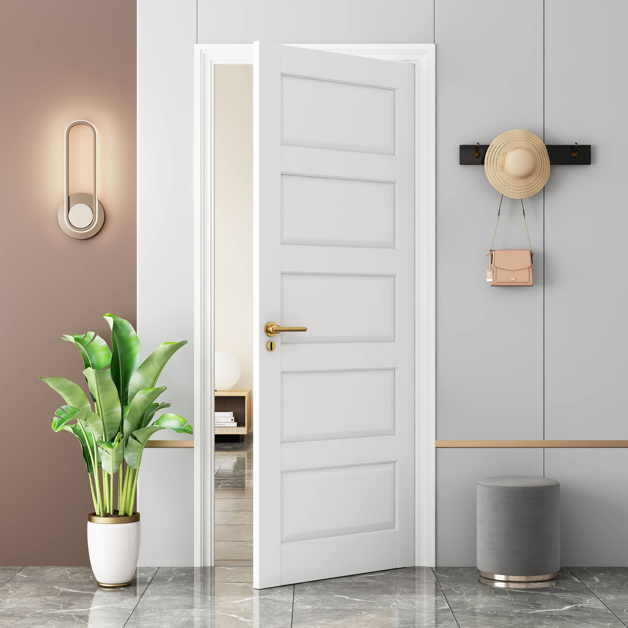 Vynxaria  30-in x 80-in 5-Panel Shaker Interior Door Slab Solid Core MDF White Primed