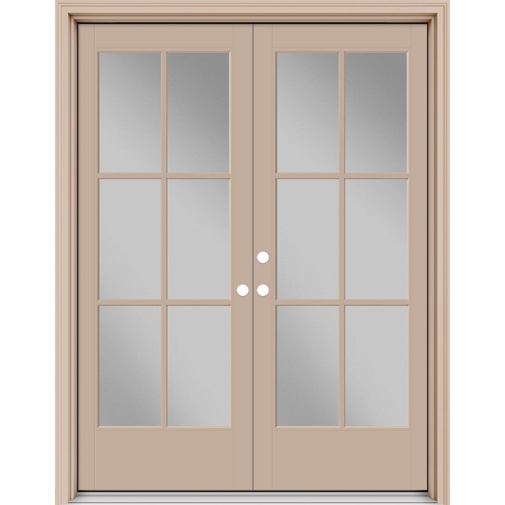 Masonite 630791 Performance Door System 60-in x 80-in x 4-9/16-in Fiberglass Full lite Right-hand inswing Sandy Shore Painted Prehung Double Front Door with Brickmould Insulating core with Grilles