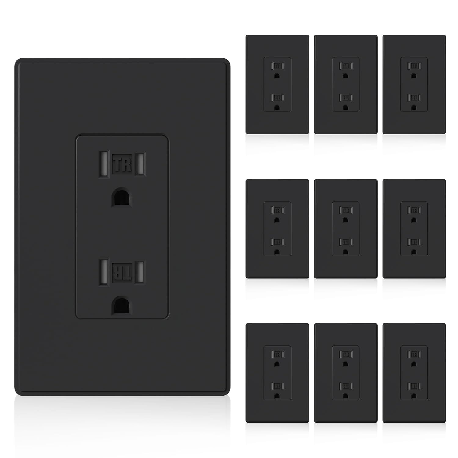 Oyezvary Matte Black Tamper Resistant Electrical Wall Outlet 15 Amp Residential Grade Self Grounding Mid Size Wall Plate Included UL Listed 10 #LOZ0819O018