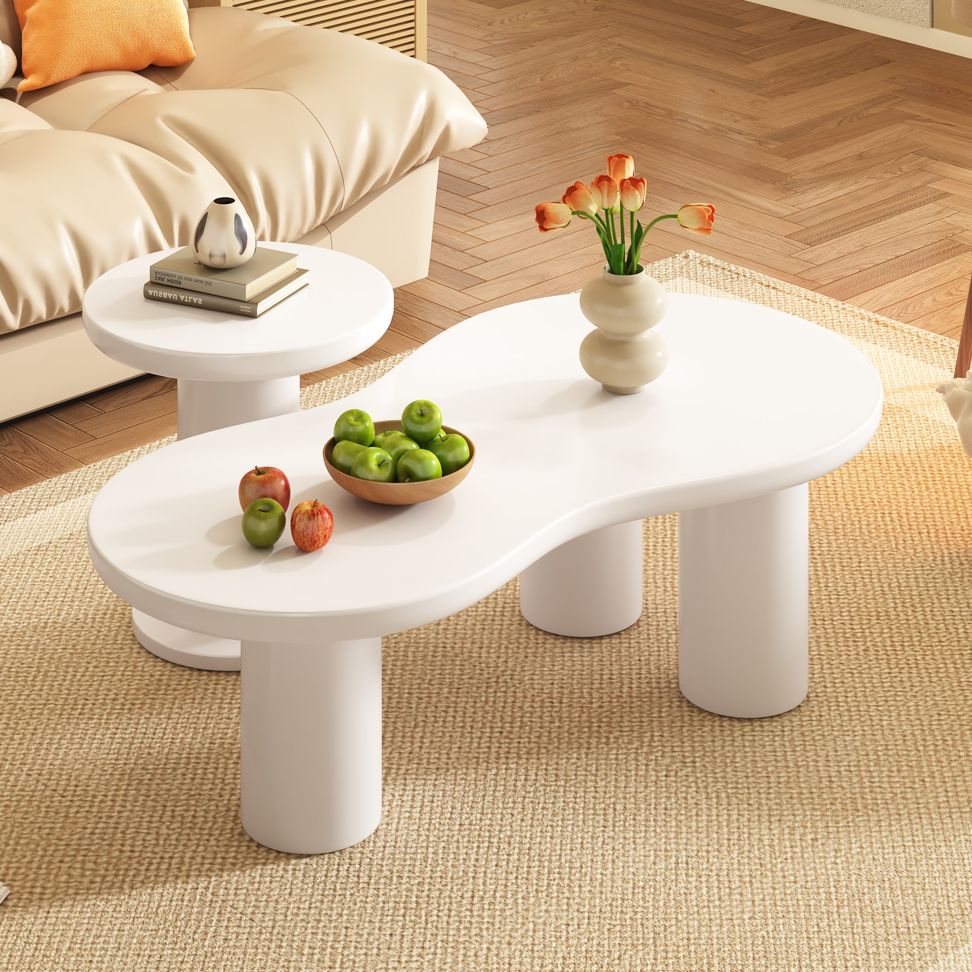 ModernLuxe N721S000035K Easy Assembly Nesting Coffee Table Set of 2 Cream Style Cloud Coffee Table with Round Small Side Table  Irregular Center Table with Thick Legs for Living Room White