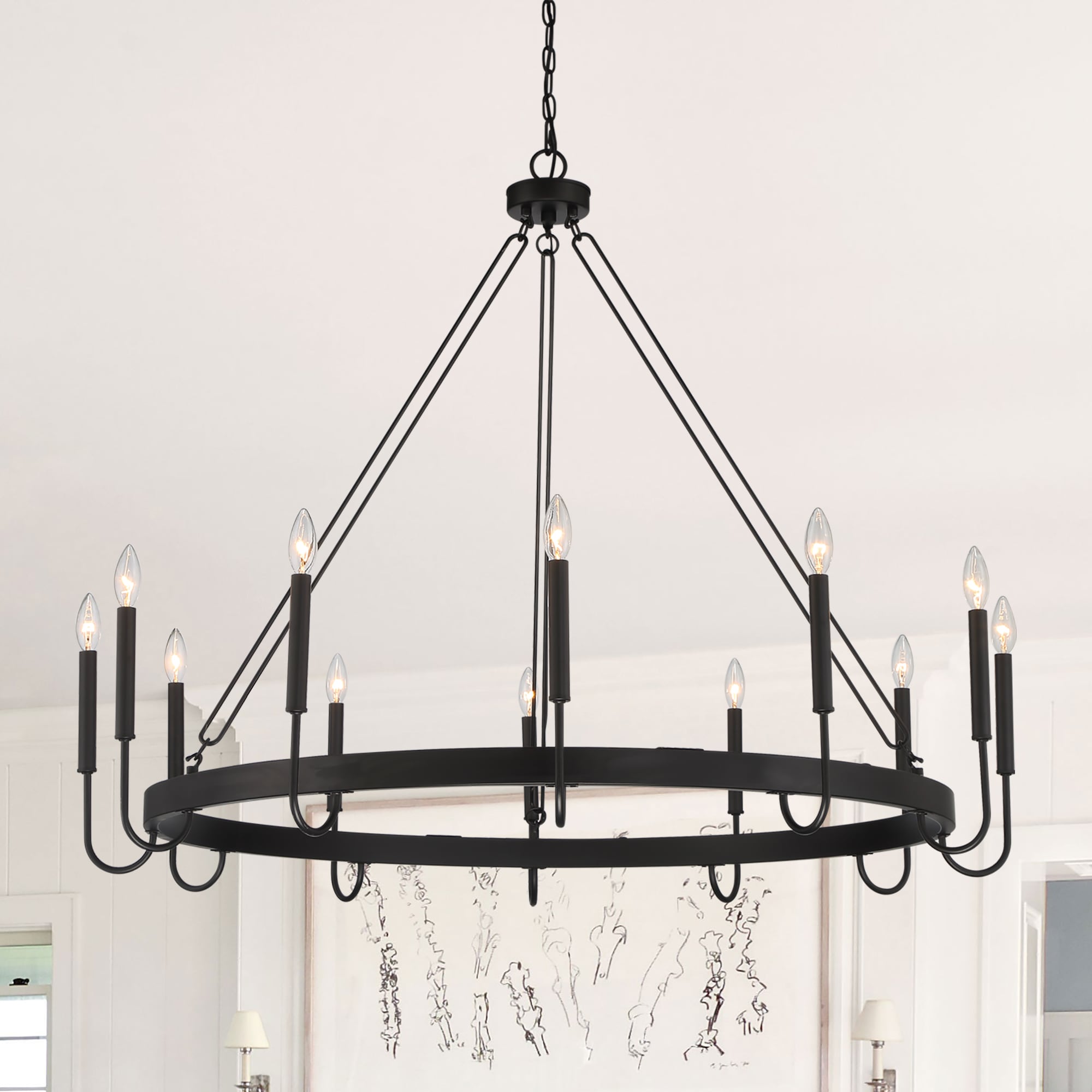 ACROMA 2081612AZ Montgomery 12 -Light Matte Black Farmhouse Bare bulb For Use in Bedrooms, Dining Rooms, Foyers, Kitchens, Living Rooms Chandelier