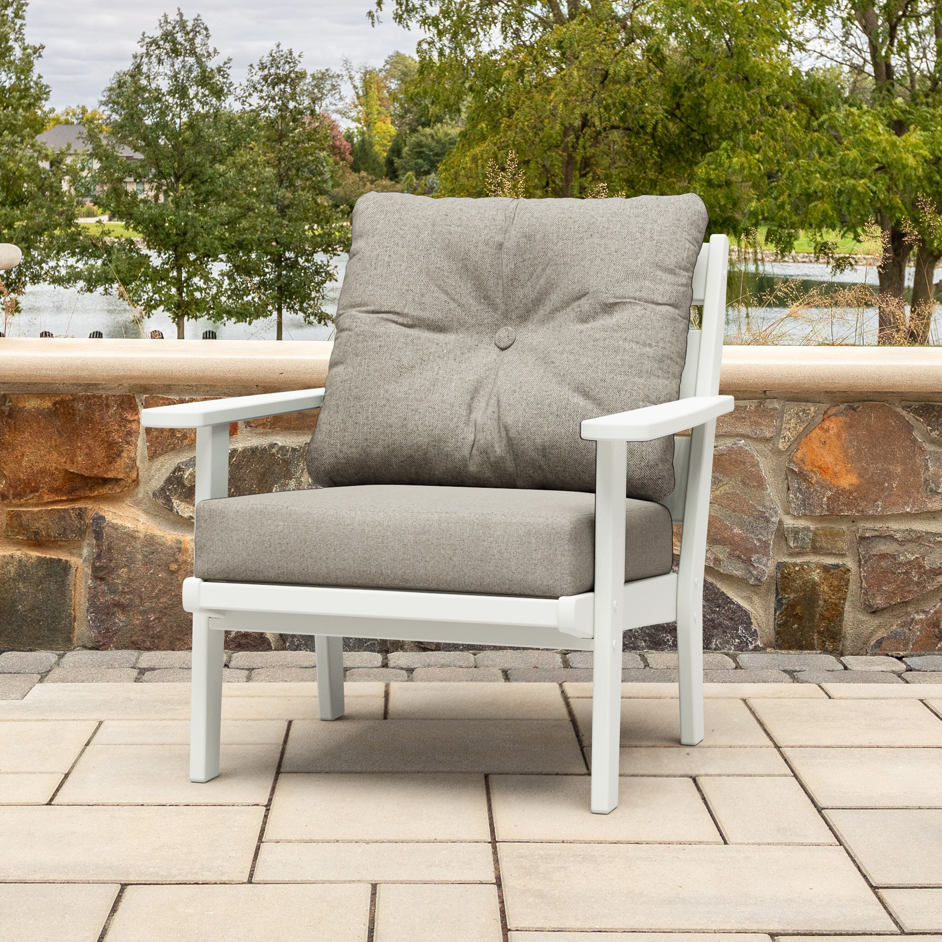allen + roth by POLYWOOD AR4421-WH145982 Oakport White HDPE Frame Stationary Conversation Chair with Tan Cushioned Seat