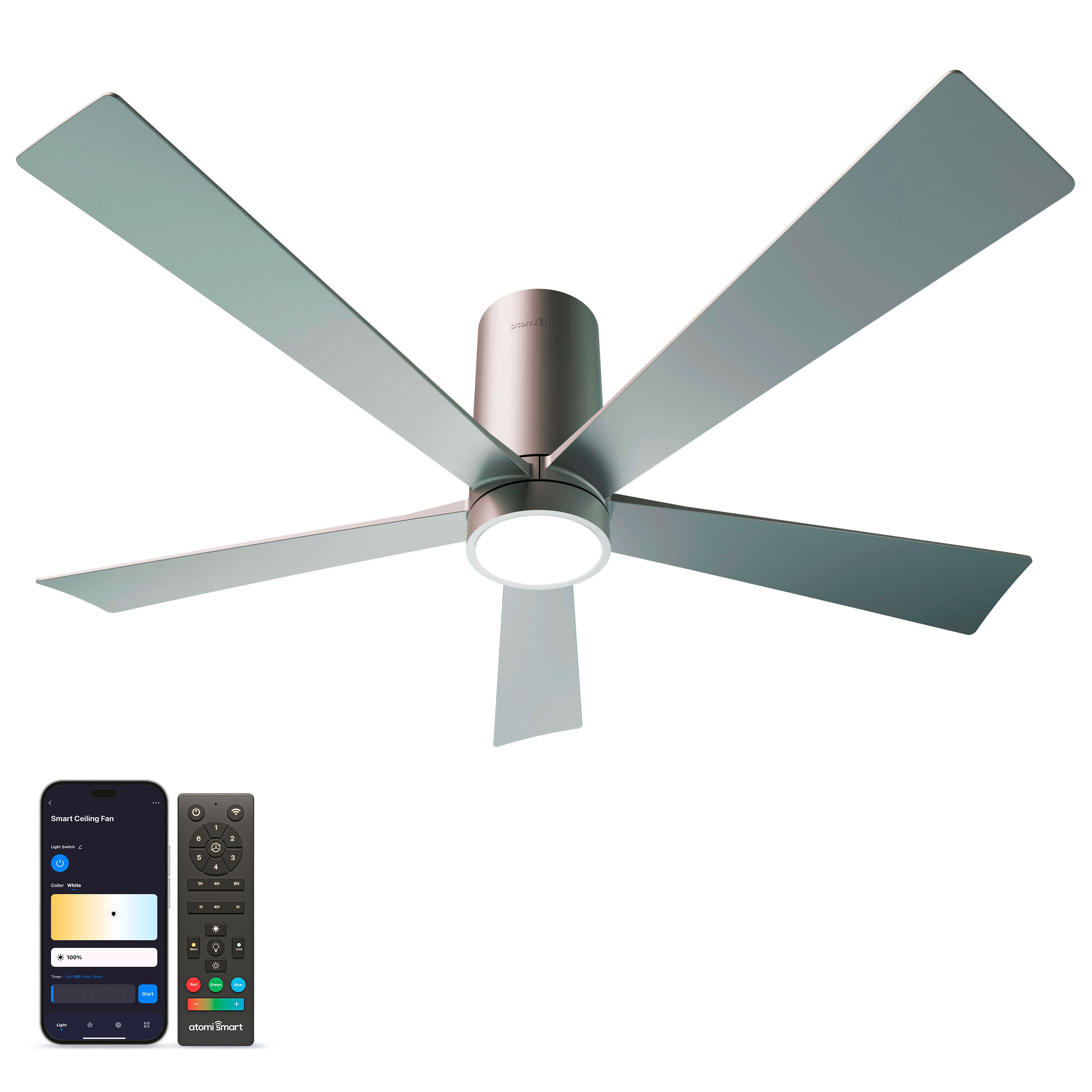atomi smart AT2481-BS Nouvo 52-in Color-Changing Integrated LED Smart Metallic Silver with Metallic Silver Blades Ceiling Fan With Light - Remote Included ( 5 -Blade )