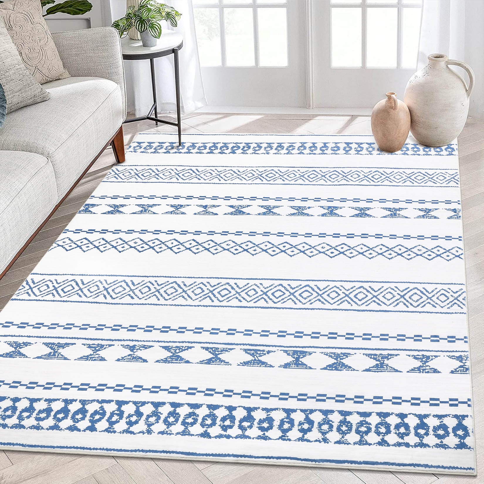Garvee YXY-LO-PHO-0YV99B1L 5 x 7 (ft) Loomed Polyester Blue Rectangular Indoor Geometric Moroccan Machine washable Area rug