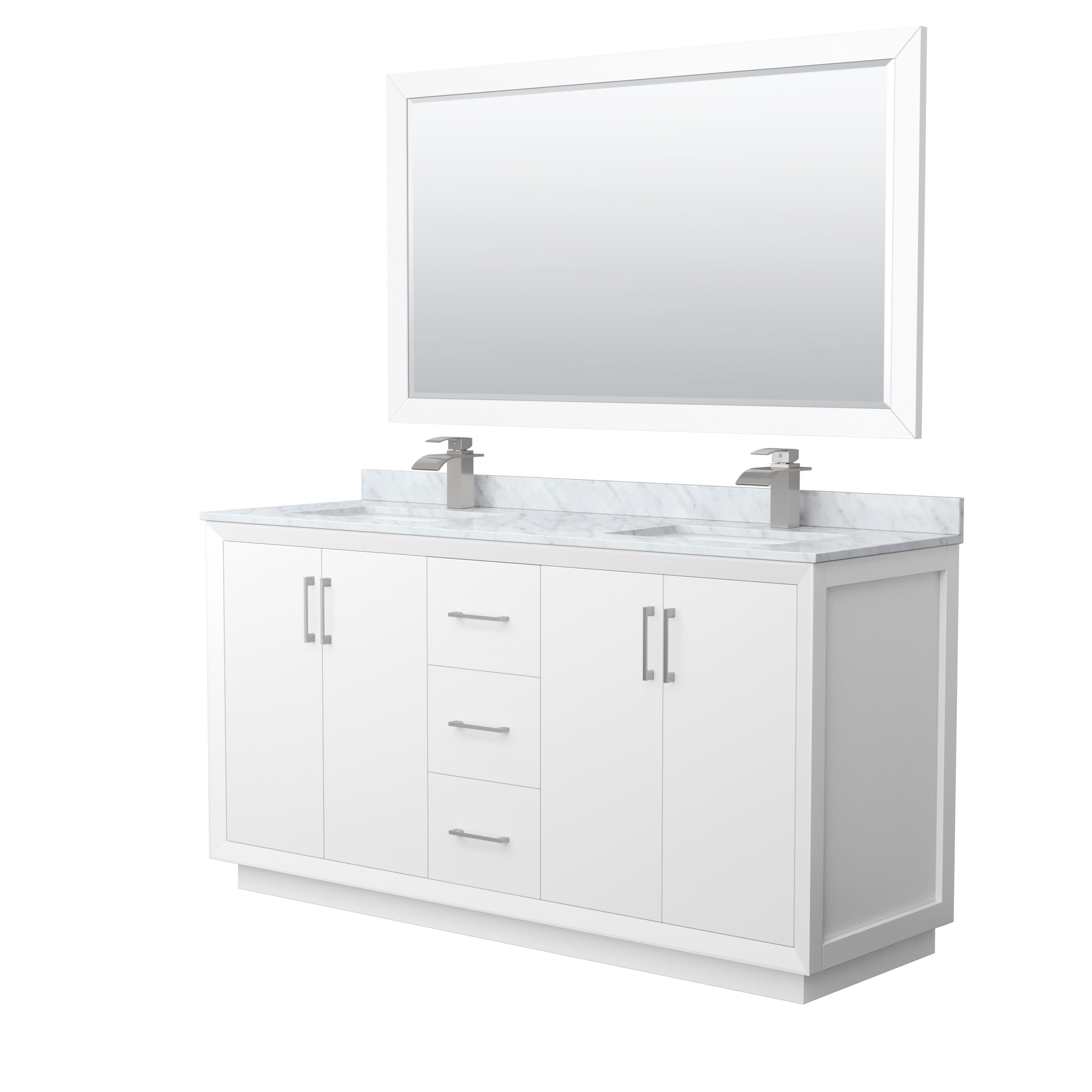 Wyndham Collection WCF414166DWHCMUNSM58 Strada 66-in White with Brushed Nickel Trim Undermount Double sink Bathroom Vanity with White Carrara marble Natural marble Top (Mirror Included)