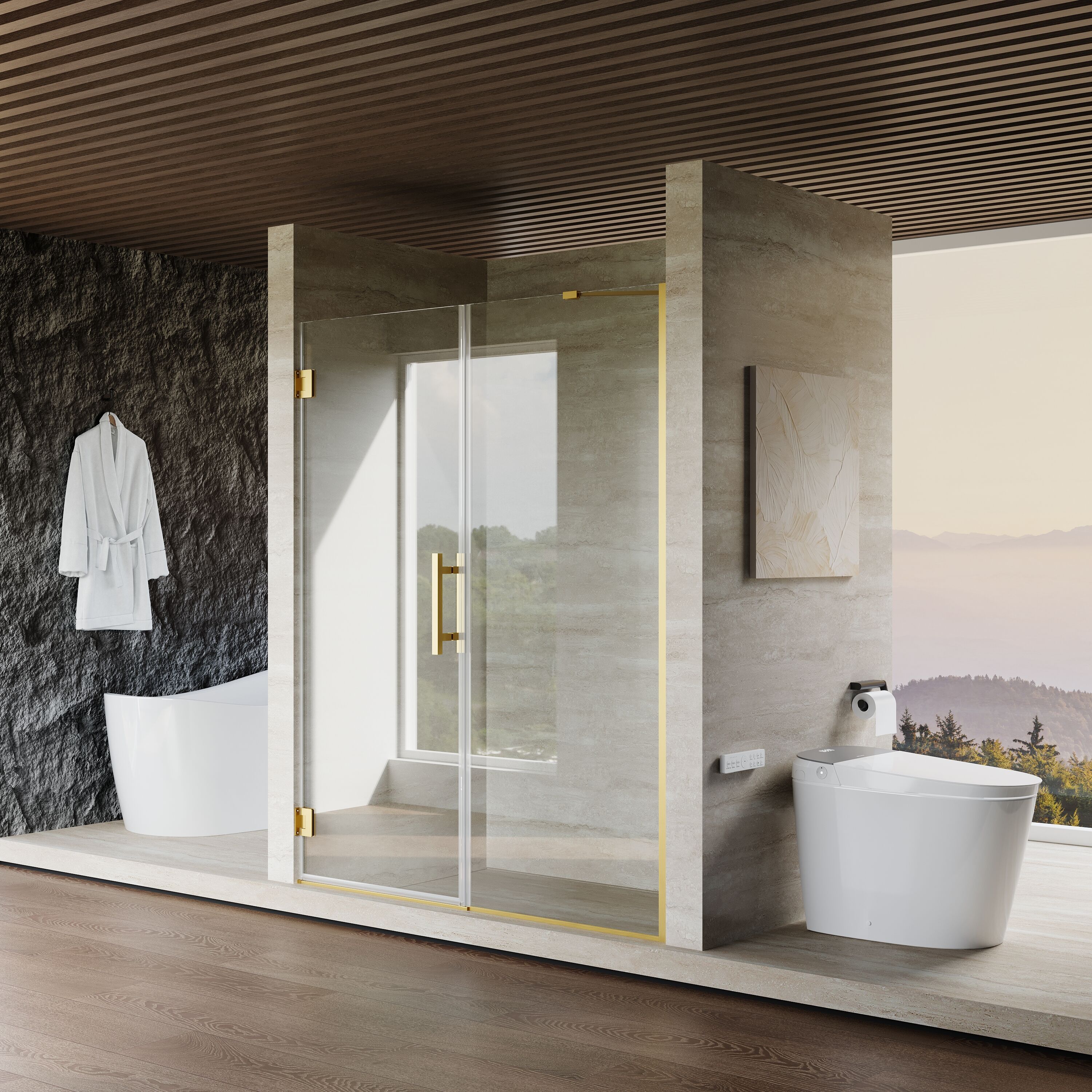 Gtnali Brushed Gold 58-in to 59-in W x 72-in H Frameless Clear Glass Hinged Shower door