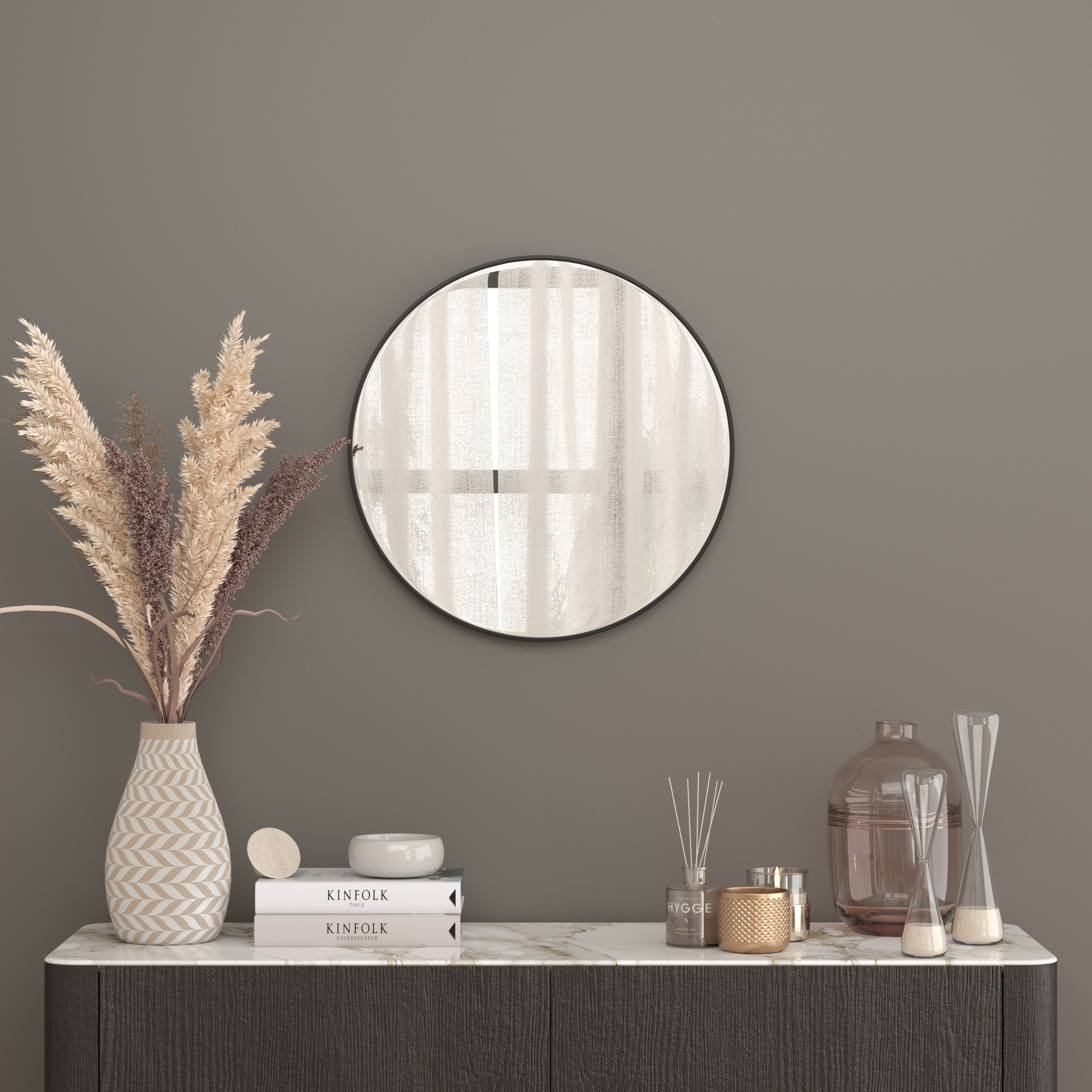 Merrick Lane Monaco 24-in Round Accent Mirror Round Black Metal Framed Wall Mount Mirror for Bathroom; Vanity; Entryway; Dining Room; and Living Room