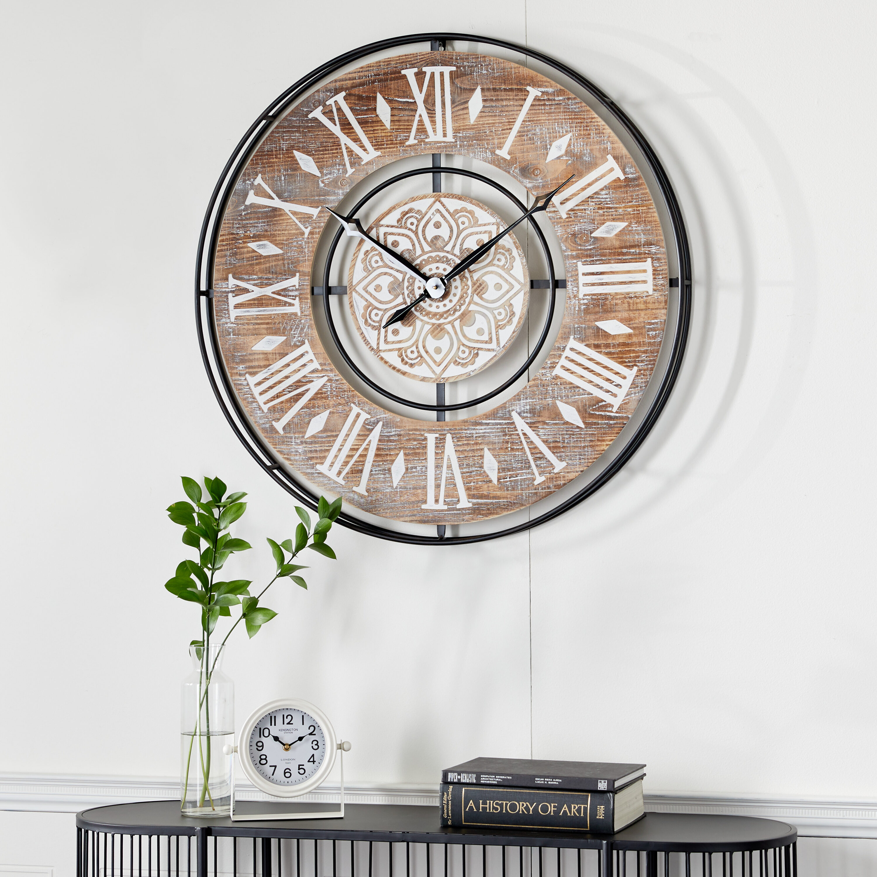 34" Brown Metal and Wood Industrial Wall Clock