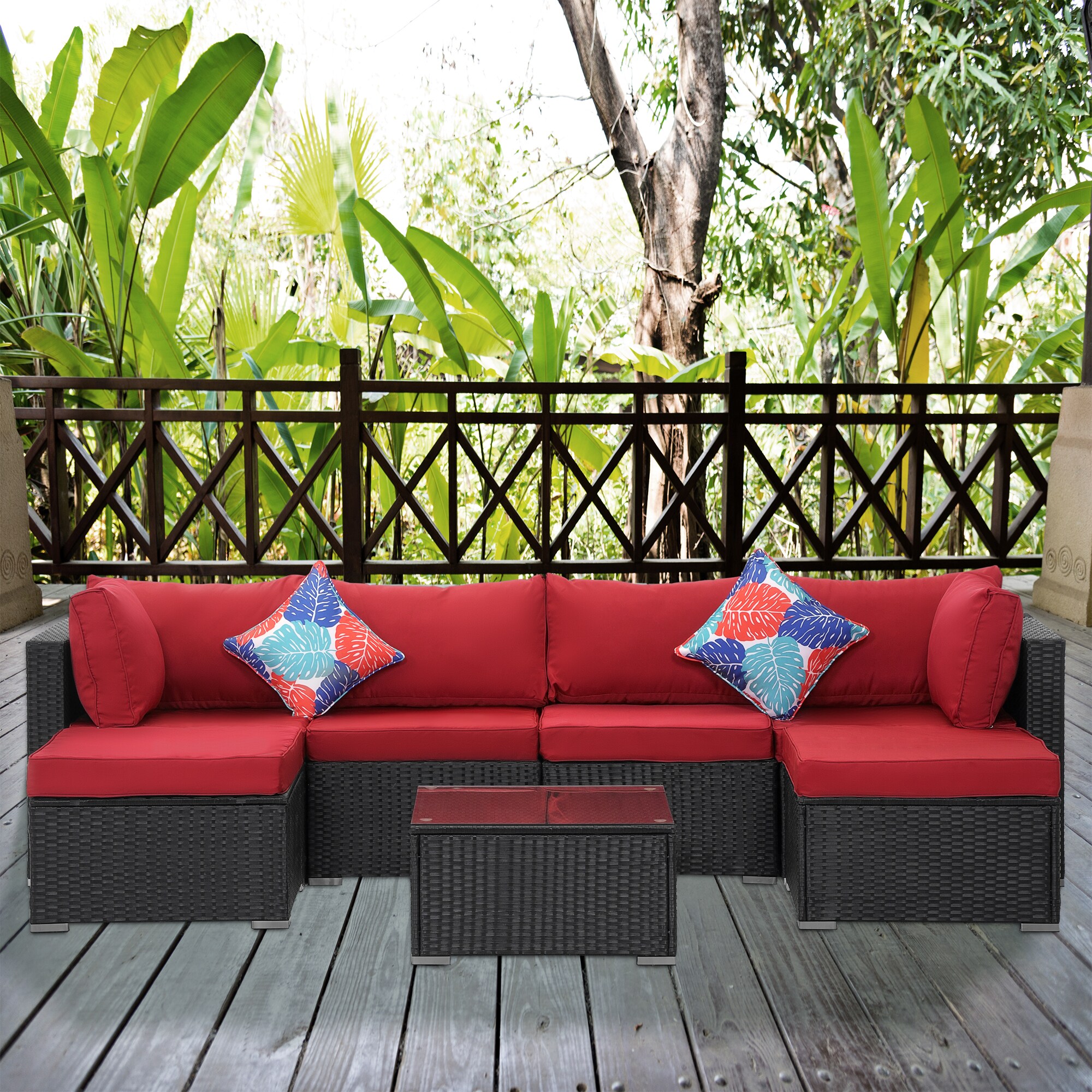 FOREST HOME FT-ZJ1110BRBE 7-Piece Wicker Patio Conversation Set with Red Cushions