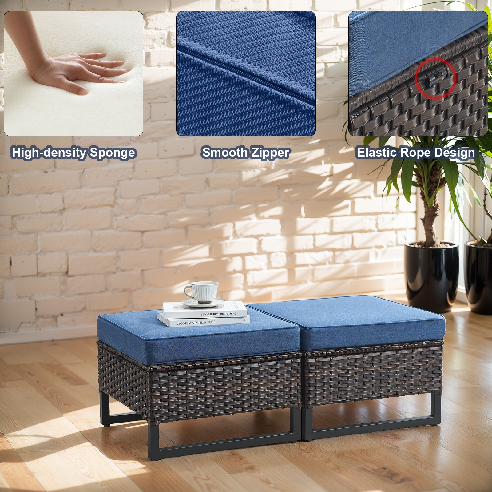 Blue Cushioned Wicker Outdoor Ottomans with Metal Frame, Set of 2