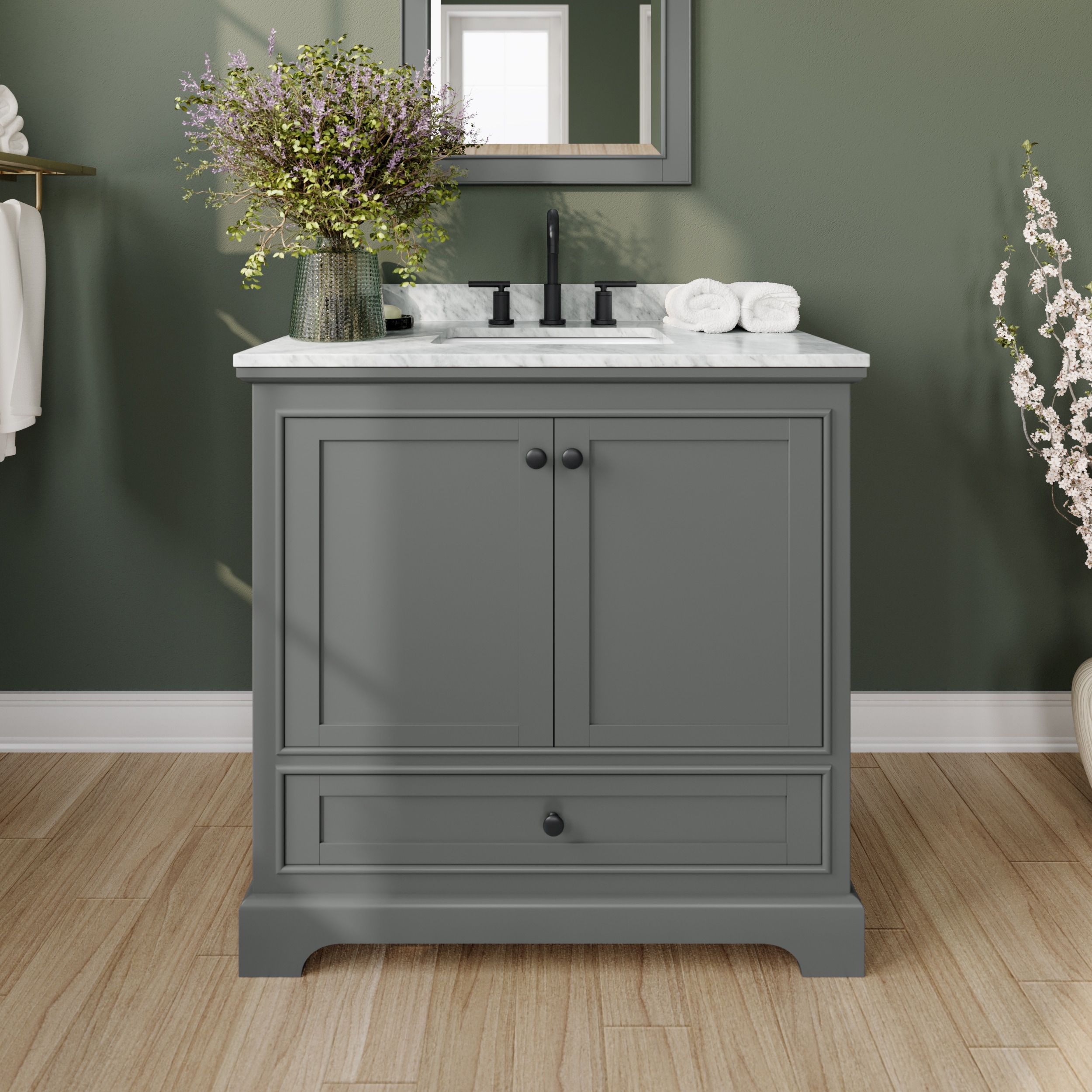 Wyndham Collection WCS202036SGBCMUNSMED Deborah 36-in Dark Gray with Matte Black Trim Undermount Single Sink Bathroom Vanity with White Carrara Marble Natural Marble Top