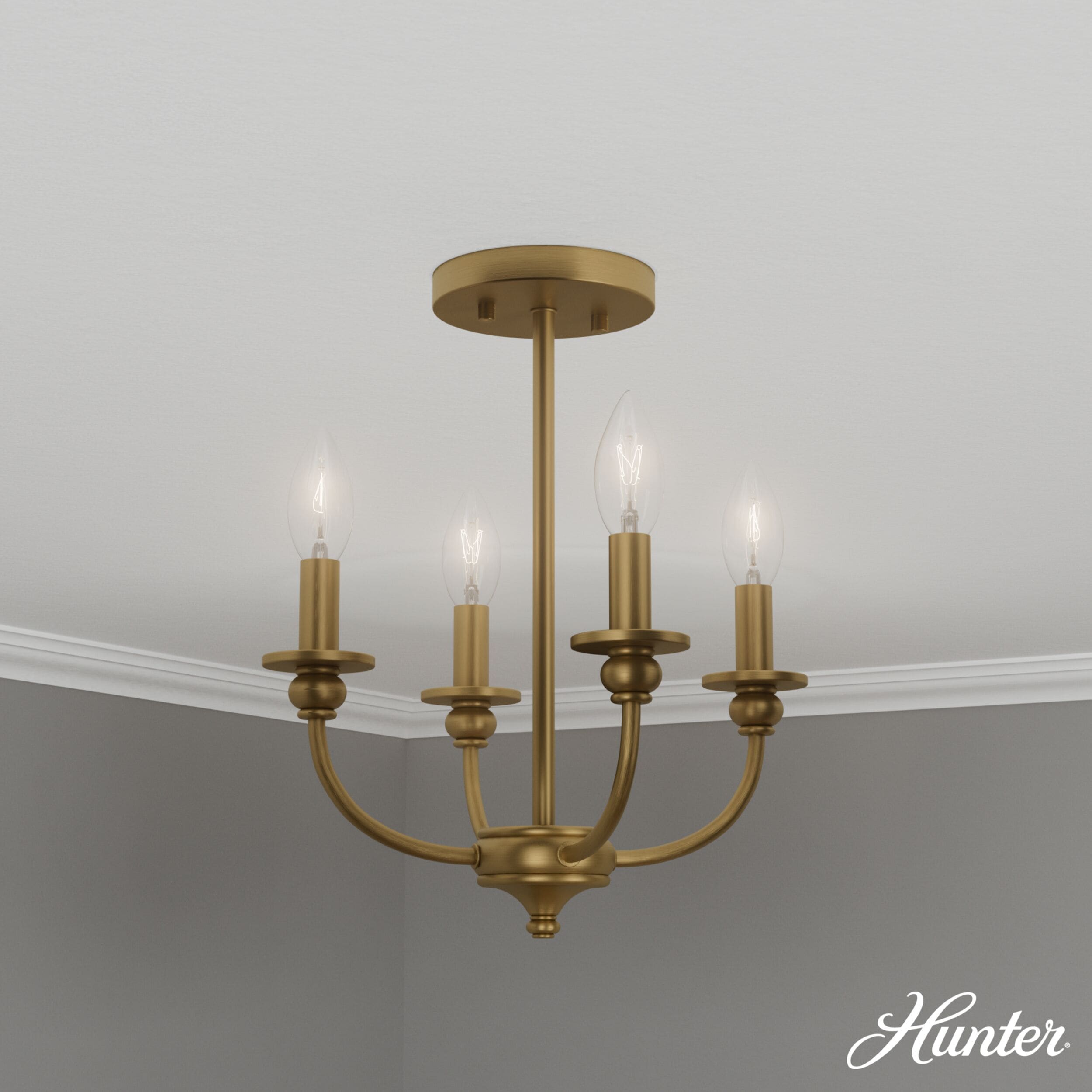 Hunter - Southcrest 4-light Luxe Gold, Medium Size Flush Mount Light, Dimmable, Traditional Style, Candle Shaped, for Bedrooms, Kitchens, Dining, Living Rooms - 48068