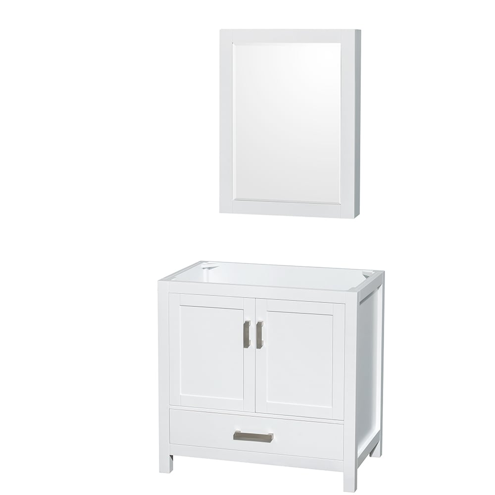 Wyndham Collection WCS141436SWHCXSXXMED Sheffield 36-in White with Brushed Chrome Trim Bathroom Vanity Base Cabinet without Top (Mirror Included) (Medicine Cabinet Included)