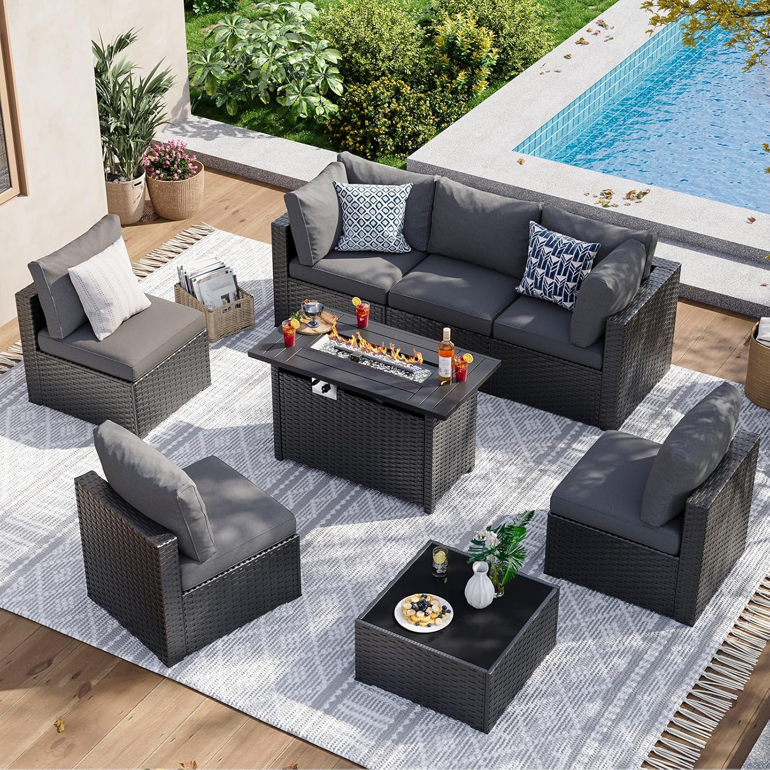 AOXUN PA-120BK05 Patio Conversation Sets 8 -Piece Wicker Patio Sofa Conversation Set with Gray Cushions