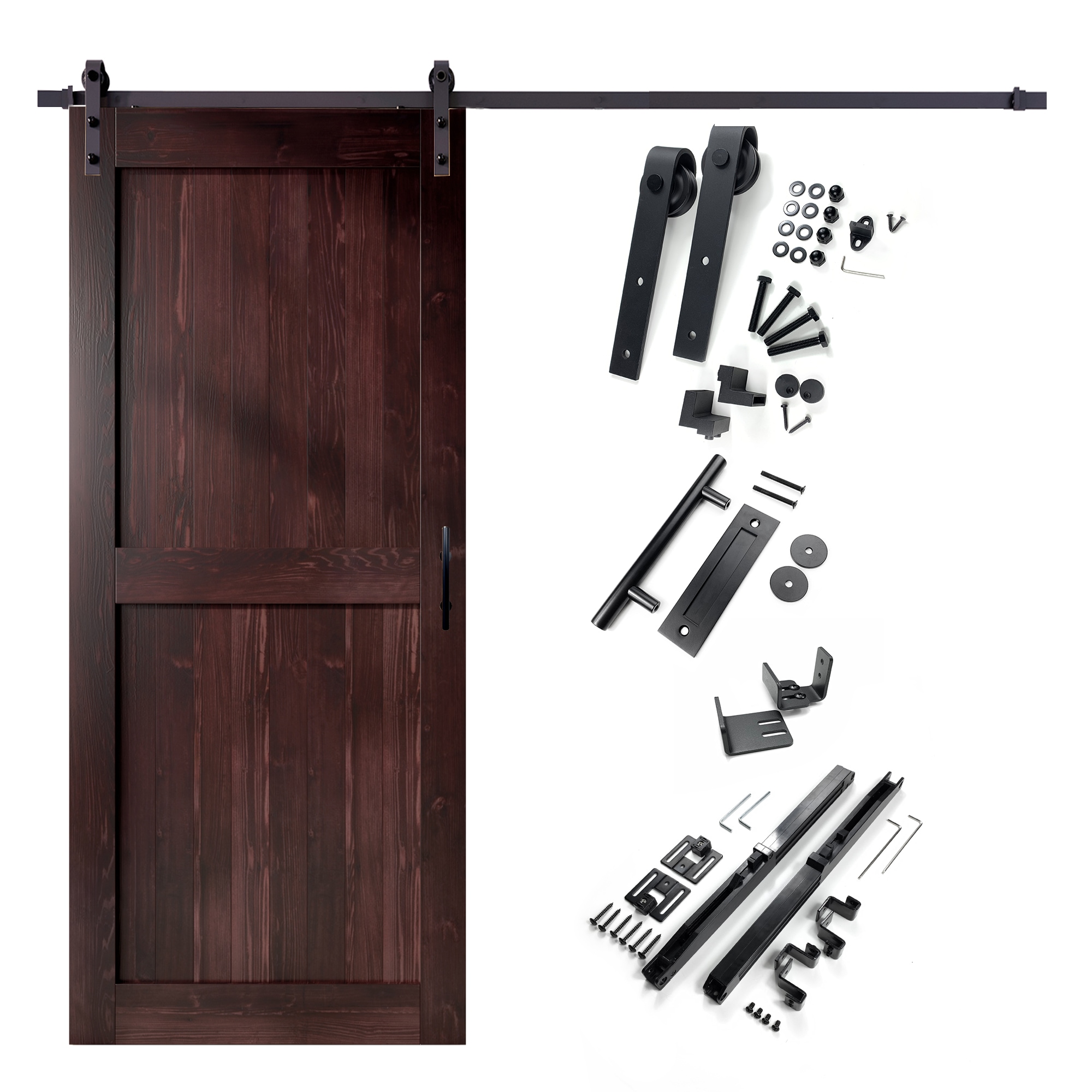 HOMACER YT1TGH108C-4884-H-RD 48-in x 84-in Red Mahogany Mid-Bar Pine Wood Solid core Single Barn Door (Hardware Included)