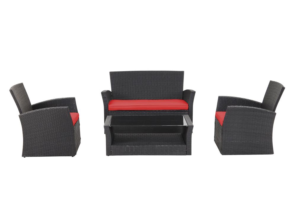FOREST HOME RS4001-RD 4-Piece Wicker Patio Conversation Set with Red Cushions
