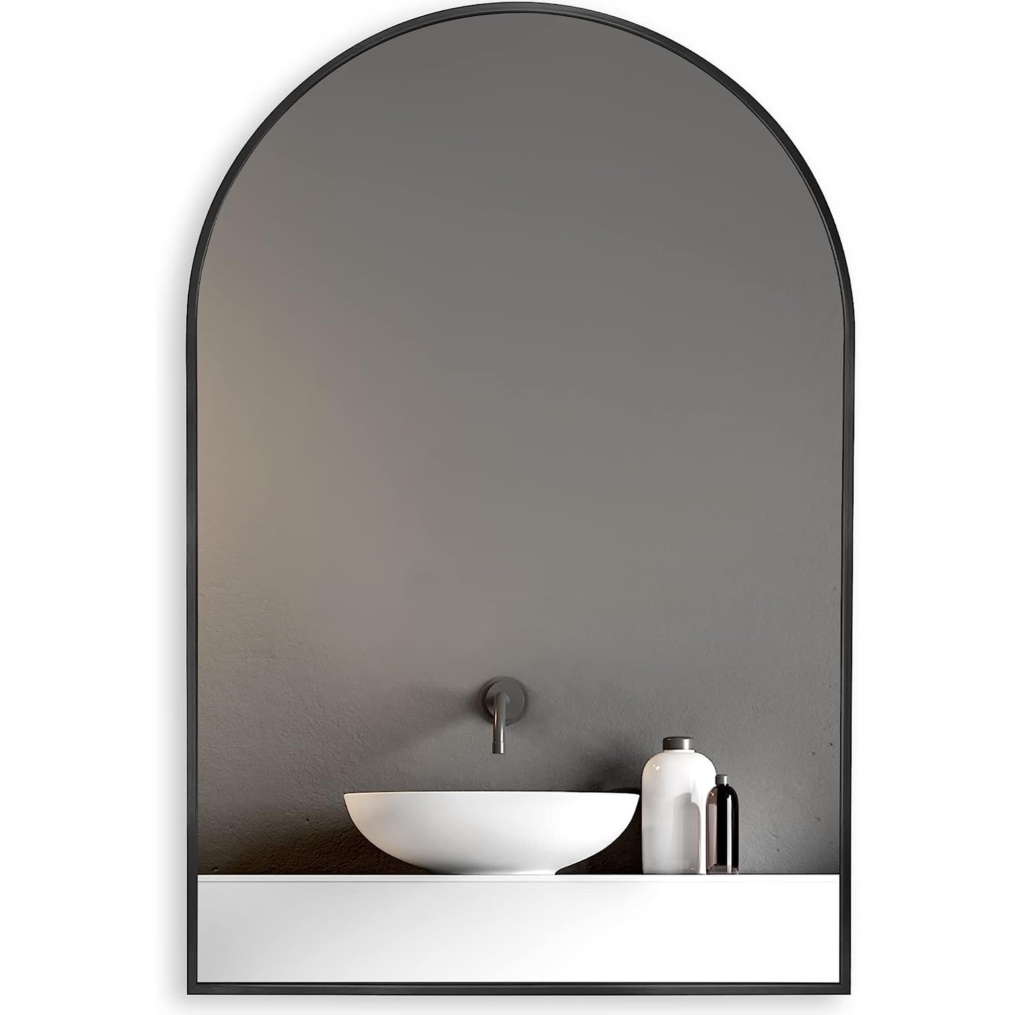 Aoibox  20x30 inch black metal framed arched bathroom wall mirror modern anti rust aluminum alloy frame shatterproof HD glass easy install