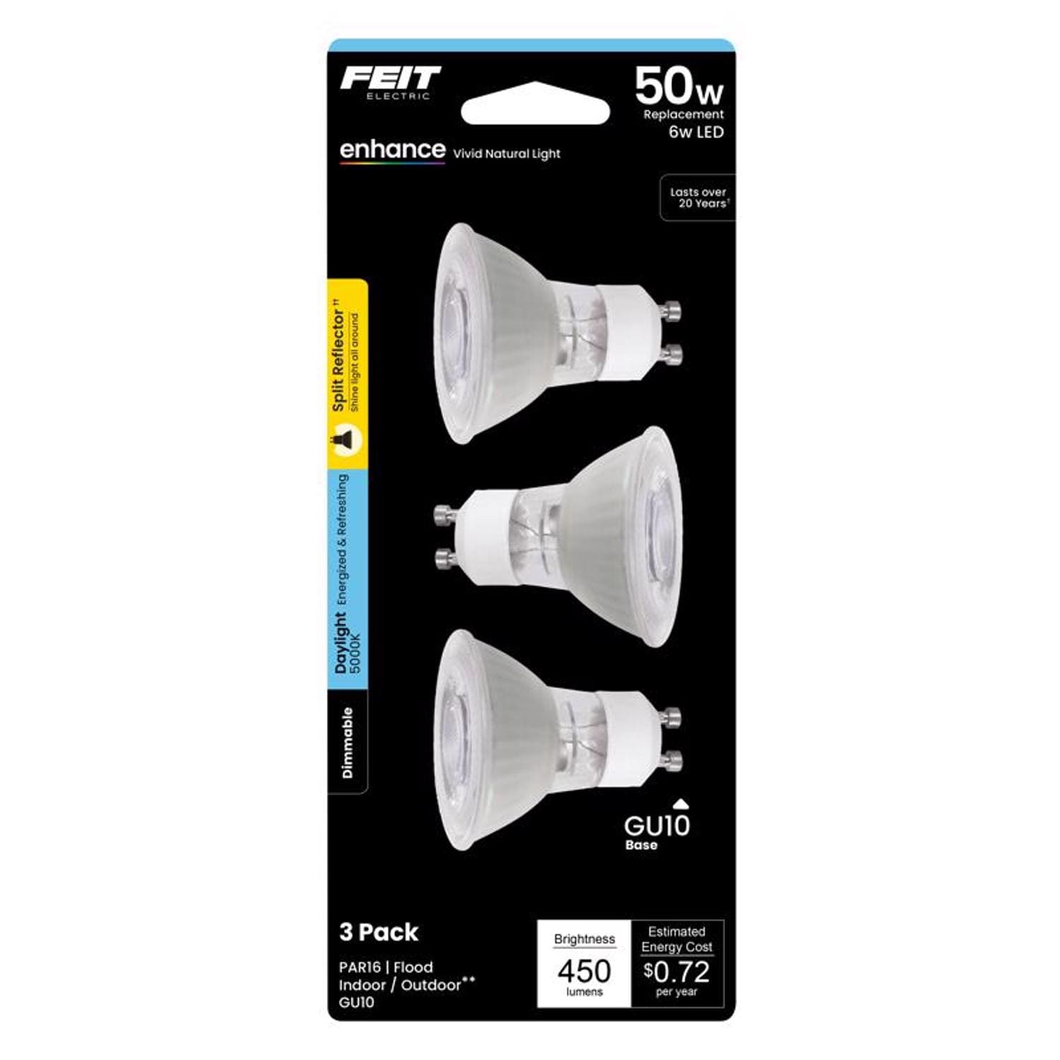 Feit Electric Enhance MR16 GU10 LED Bulb Daylight 50 Watt Equivalence 3 pk