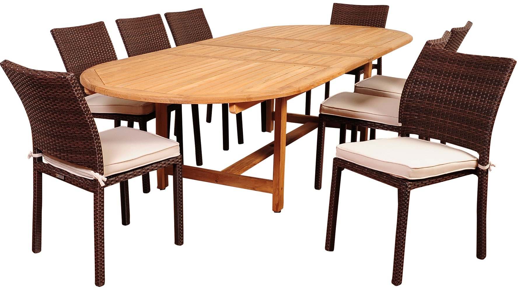 Envelor EN-IH-NO9PC Amazonia 9 -Piece Brown Wicker Patio Dining Set Extendable Table Wood Oval Table with 8 Cushions Stationary Chairs