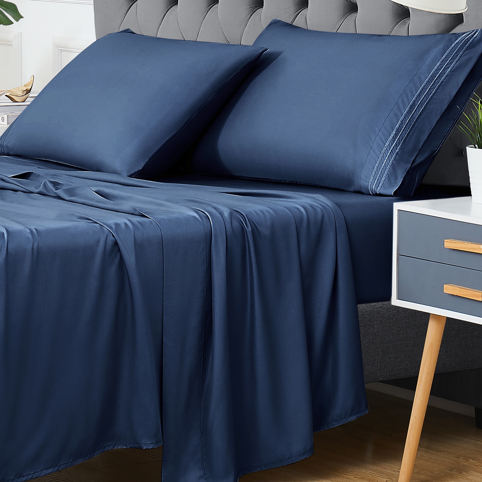 Garvee Full Size 100 Percent Plant Fiber Sheet Set 230T Twill Weave Four Piece Bedding Set 16 Inch Deep Pocket Fitted Sheet Embroidered Pillowcases For All Bedroom Decor