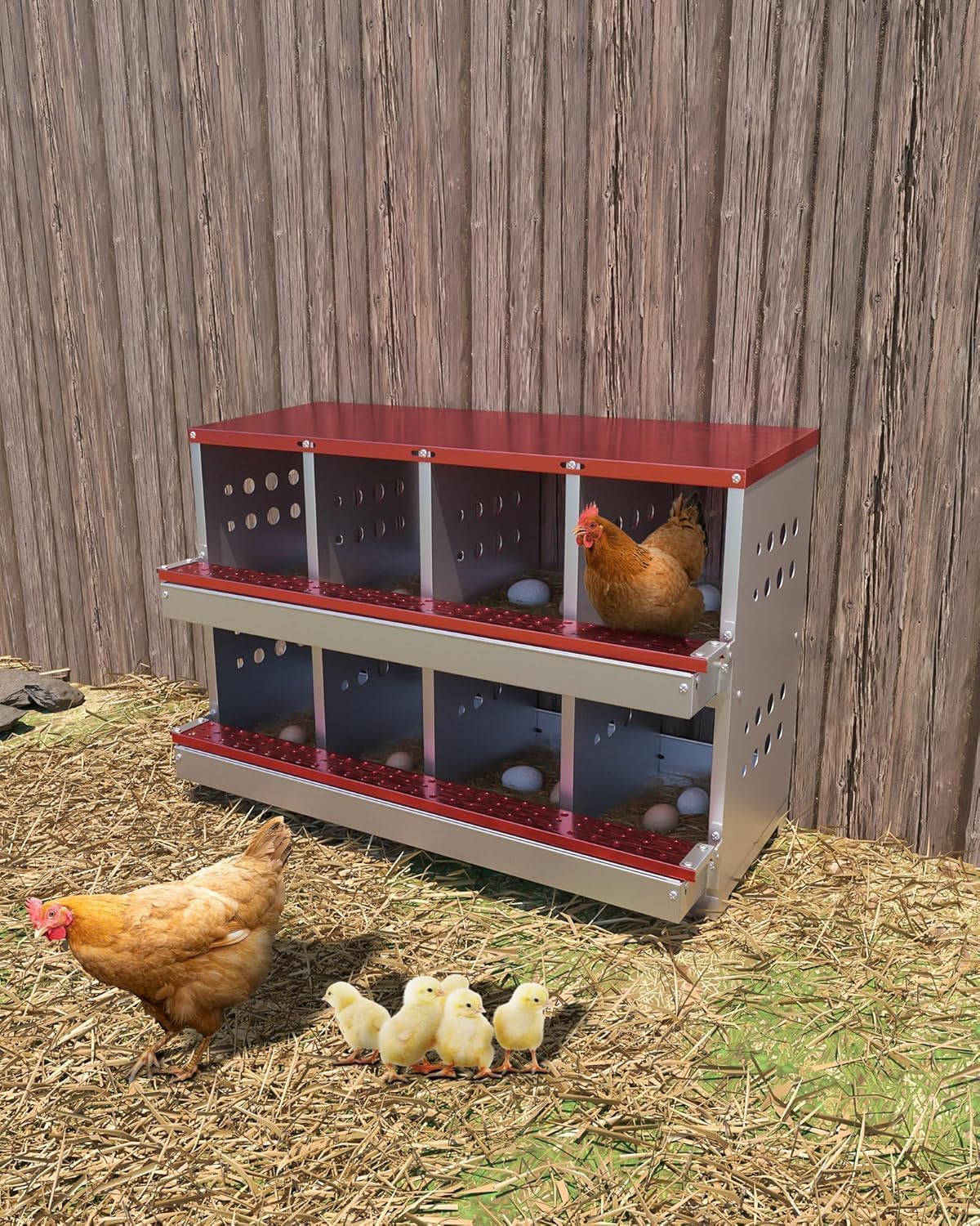 IdealHouse 8 Room Galvanized Metal Chicken Nesting Boxes with Egg Collection Tray and 8 Fake Training Eggs Rustproof Poultry Laying Box for Chicken Coops and Hens Laying Eggs
