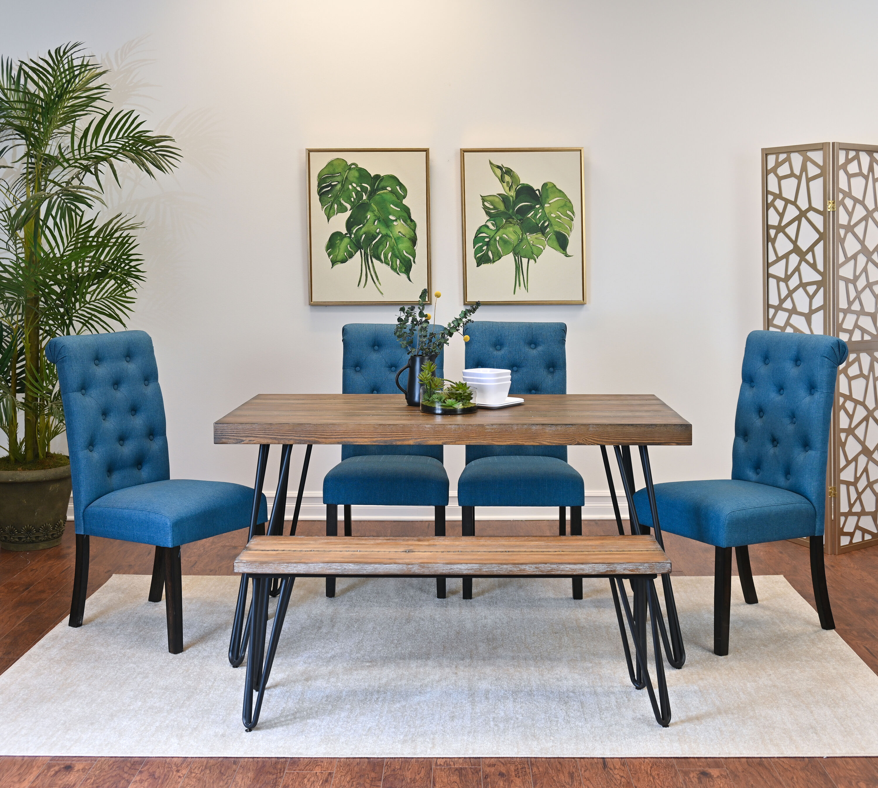 Roundhill Furniture T8741-C361BUX2-CB874 Ashford Blue Casual Dining Room Set with Rectangular Table ( Seats 6 )