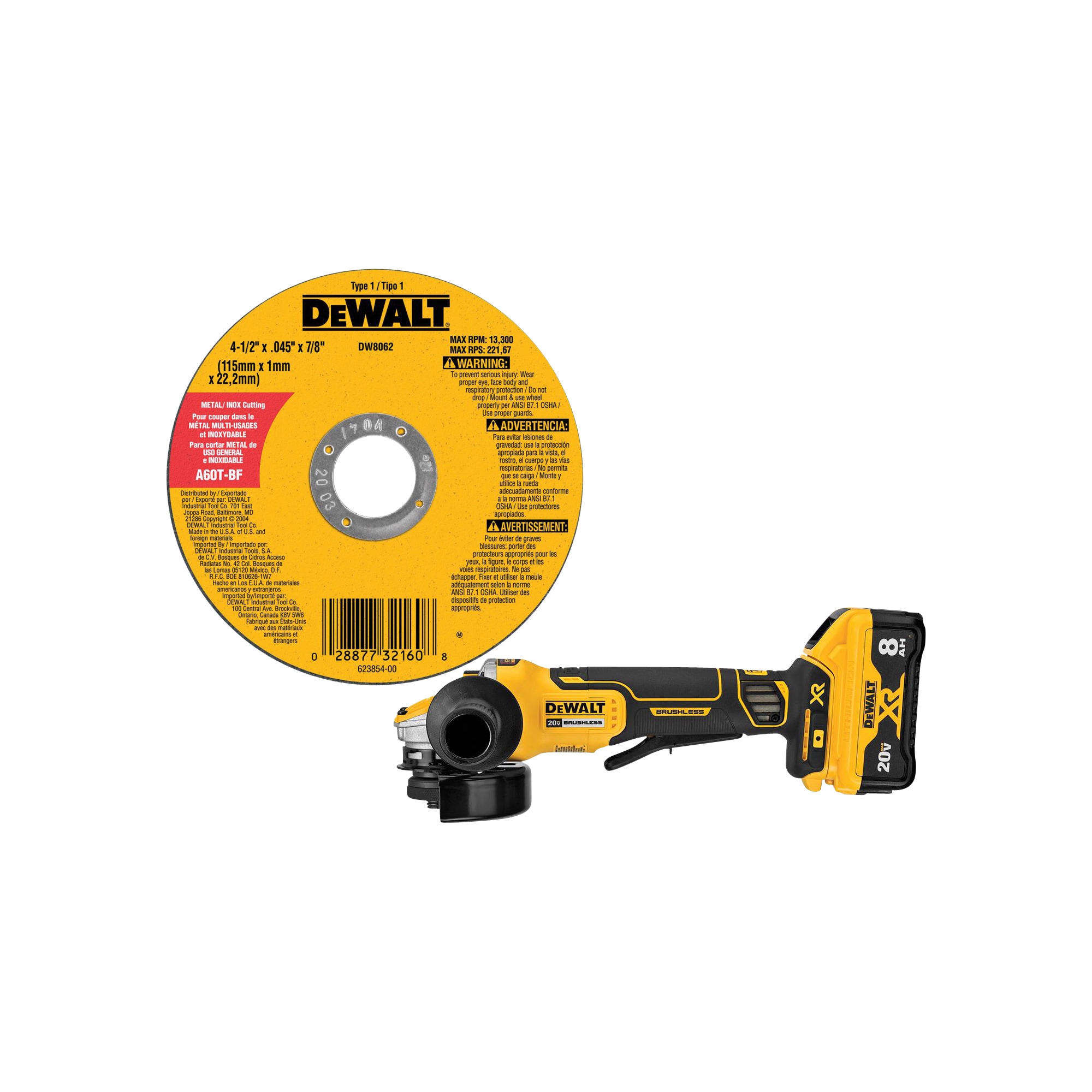 DEWALT XR POWER DETECT 5-in 20-Volt Max Paddle Switch Brushless Cordless Angle Grinder (1-Battery and charger Included) & Aluminum Oxide 4.5-in