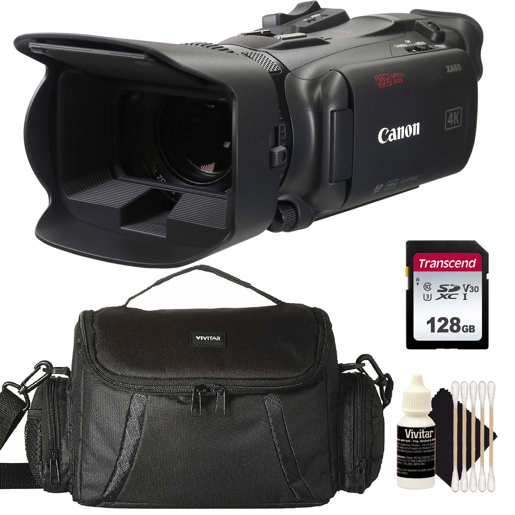 Canon  XA60B Professional UHD 4K Camcorder PAL Transcend 128GB SDXC UHS I U3 300s V30 Class 10 95MB s Memory Card Full Size Gadget Camera Bag Vivitar Three Piece Cleaning Kit