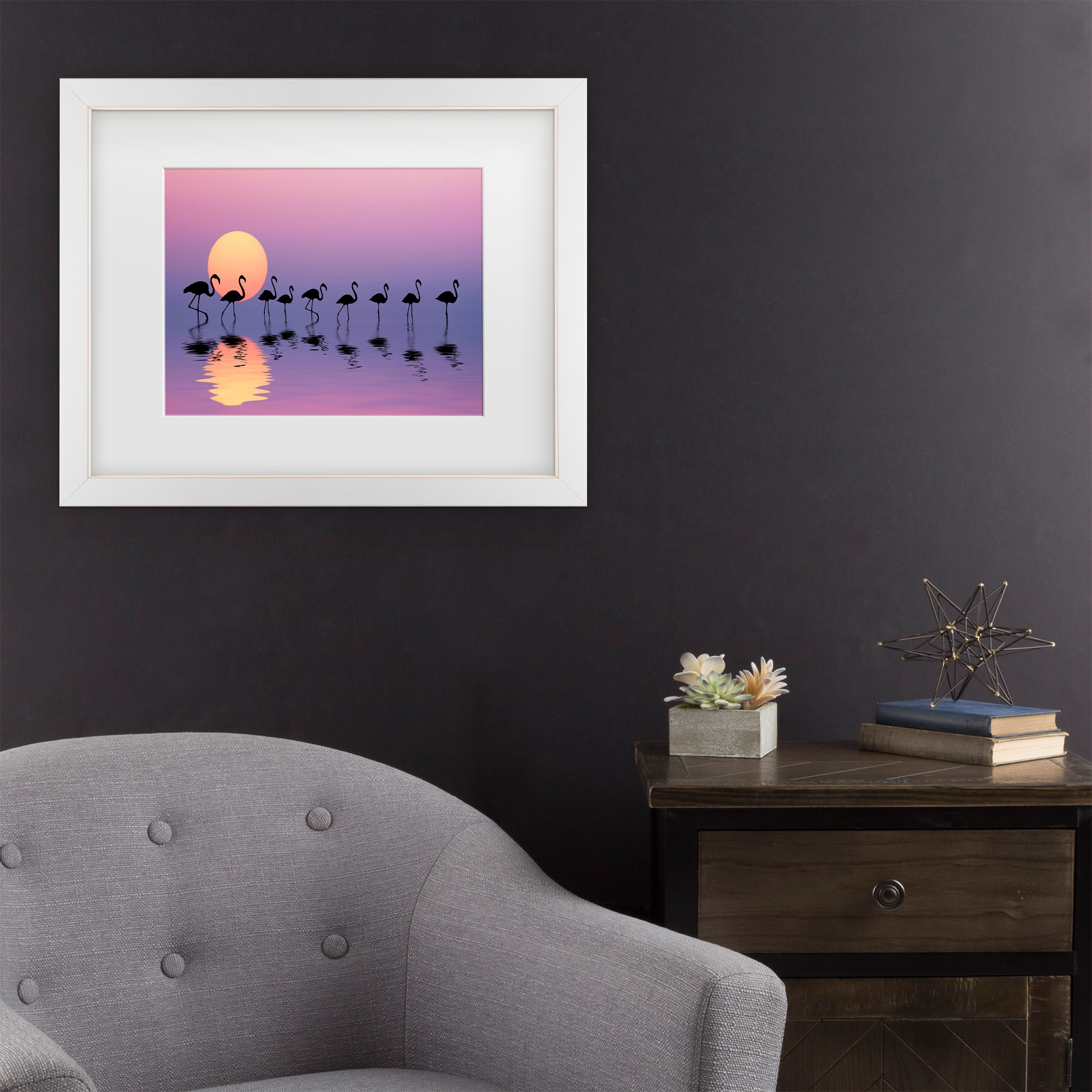 Trademark Fine Art 1X09985-E1620MF Family Flamingos Bess Hamiti White Frame Wood Framed 16-in H x 20-in W Modern Canvas Print