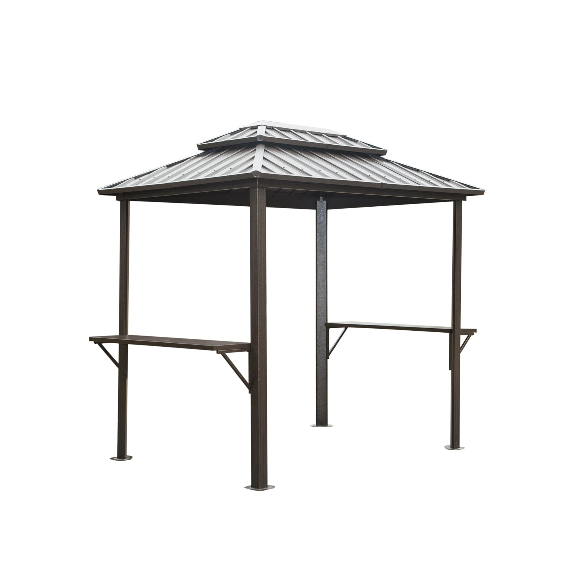 LOVMOR SF-H-W1859S00037 Grill Gazebo 8X6 FT Aluminum BBQ Gazebo Outdoor Metal Frame with Shelves Serving Tables Permanent Double Roof Hard top Gazebos Brown