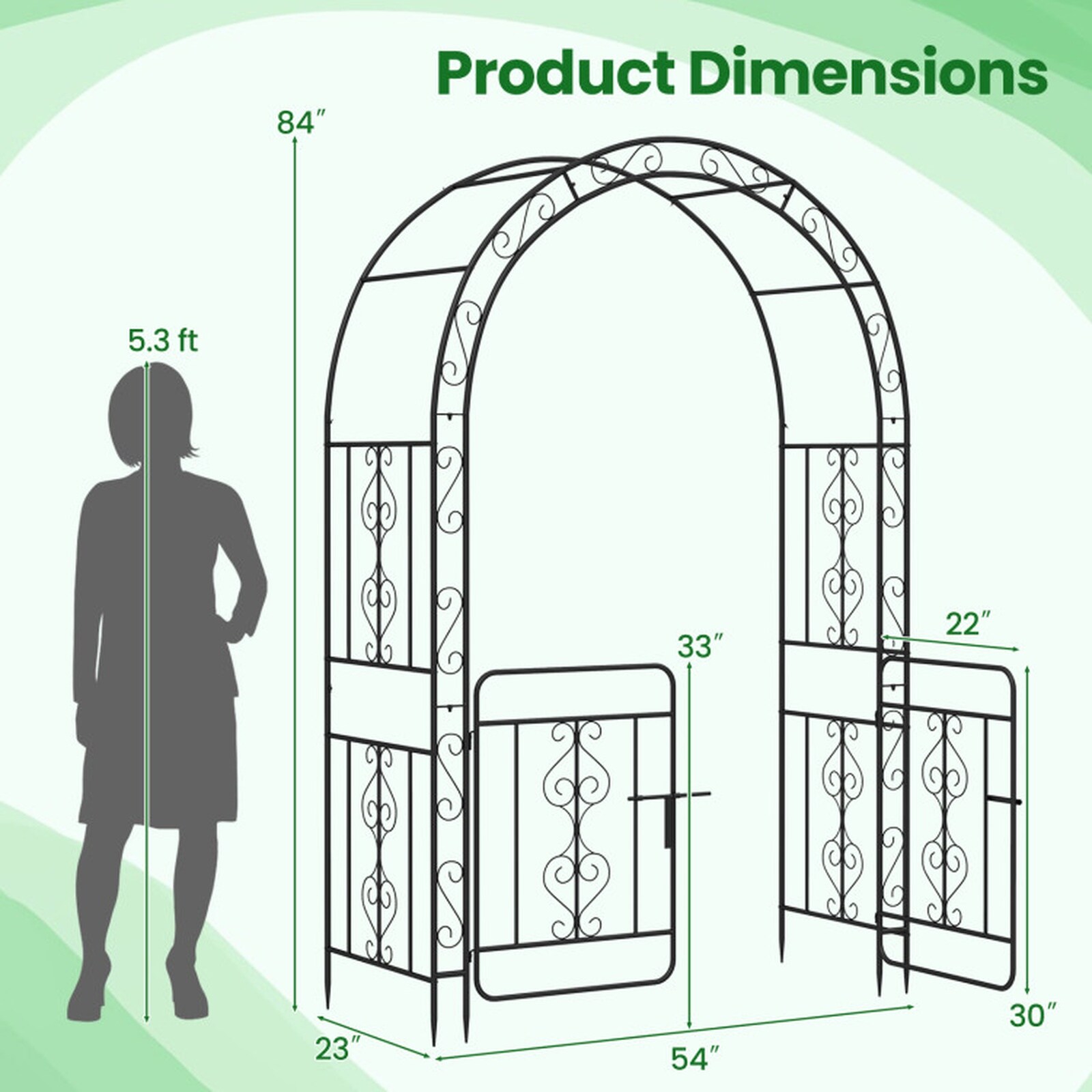 SUGIFT 54-in W x 84-in H Black Metal Garden Arbor with Gate Multiple ...