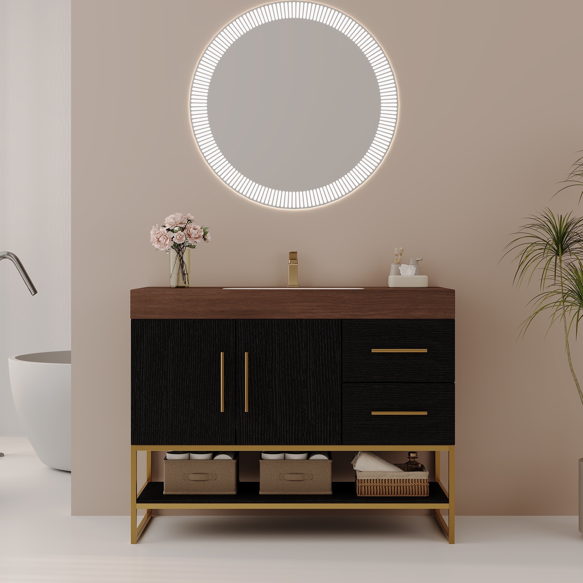 IAK - 36 inch Gold and Walnut Modern Free-Standing Bathroom Vanity with Sintered Stone Top and Se...