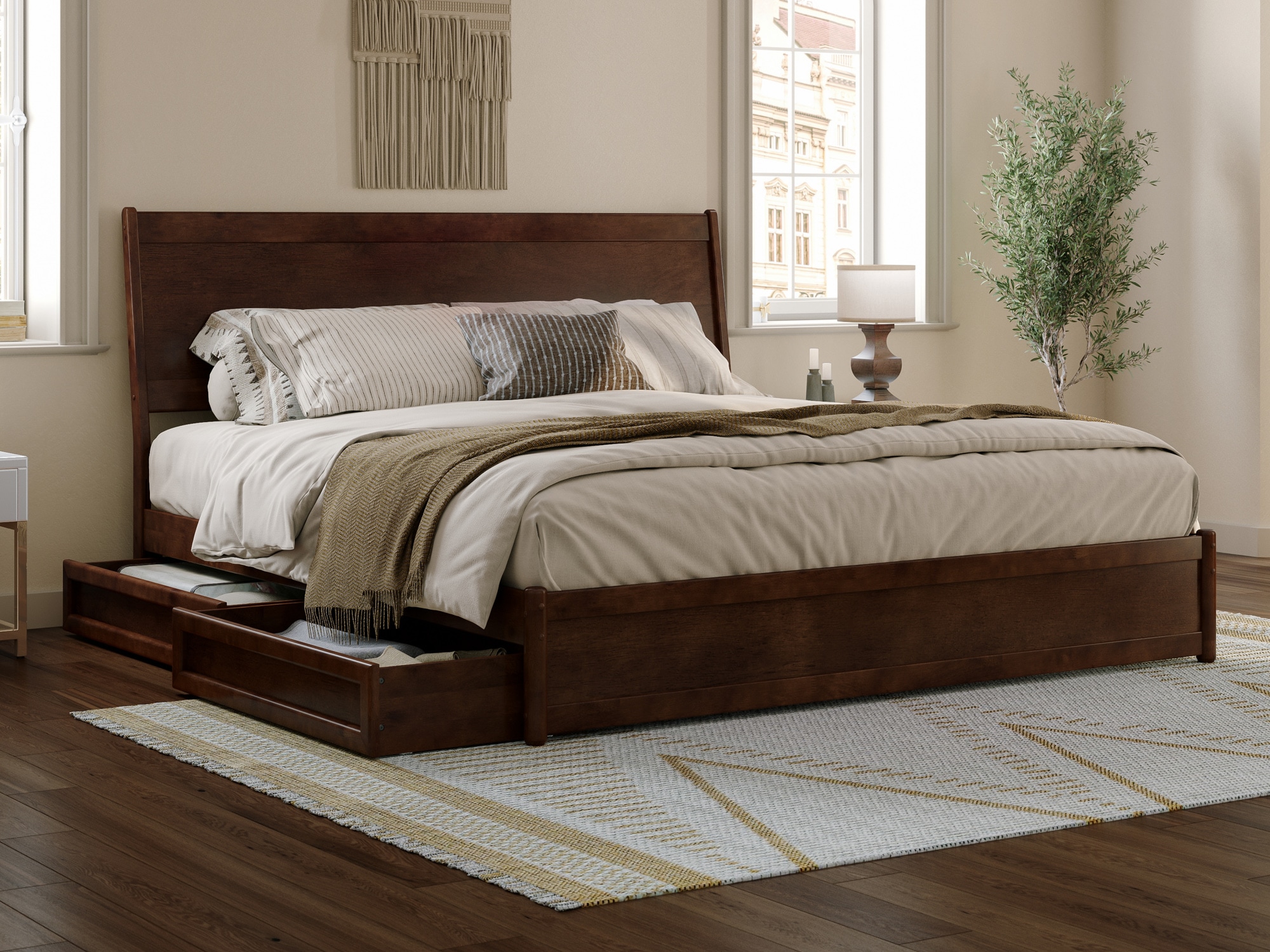 Casanova Dark Walnut King Wood Platform Bed with Storage Drawers