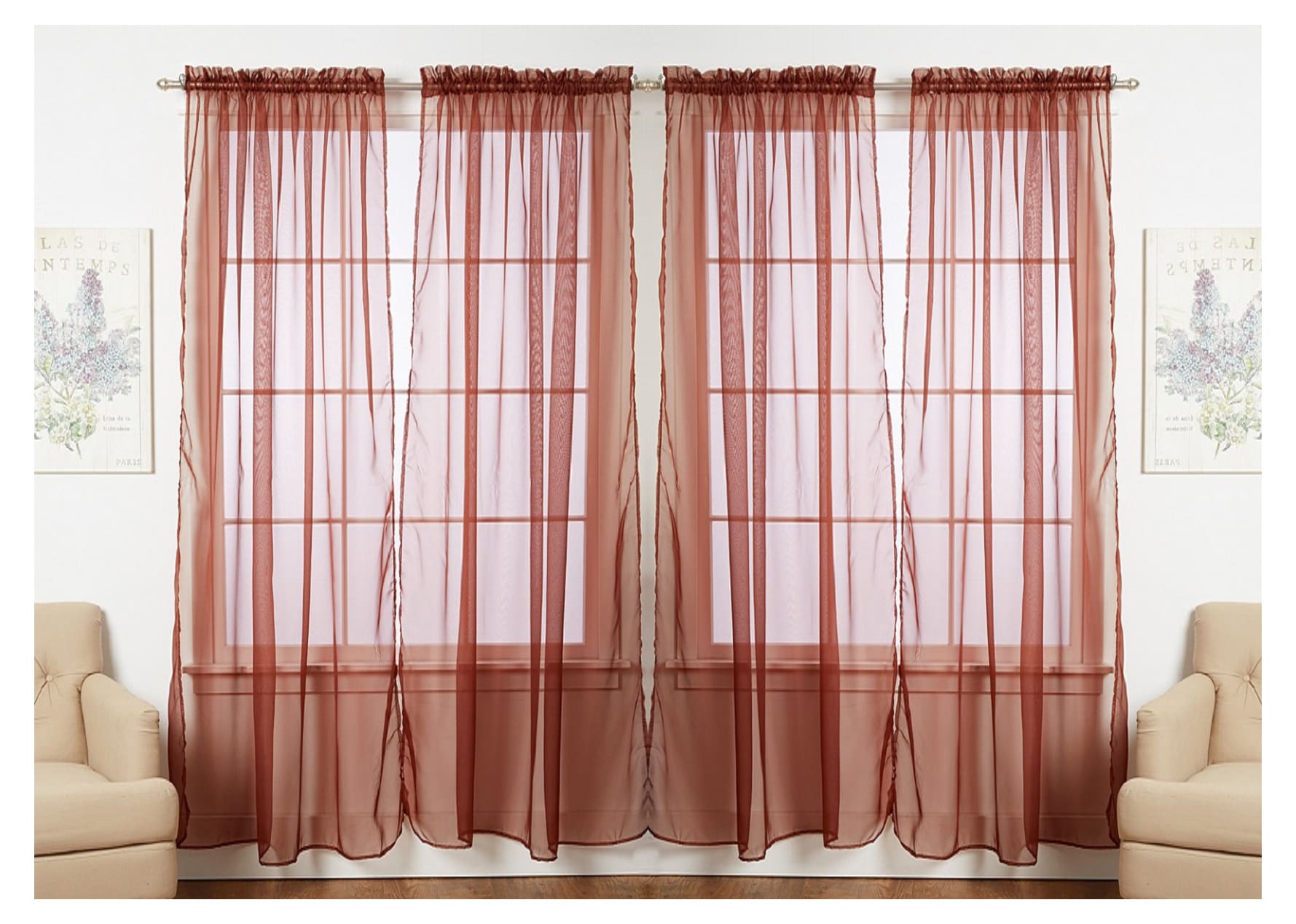 J&V TEXTILES 4-LINDA  CHOCOLATE 84-in Outdoor Chocolate Sheer Rod pocket Curtain panel 4-pack