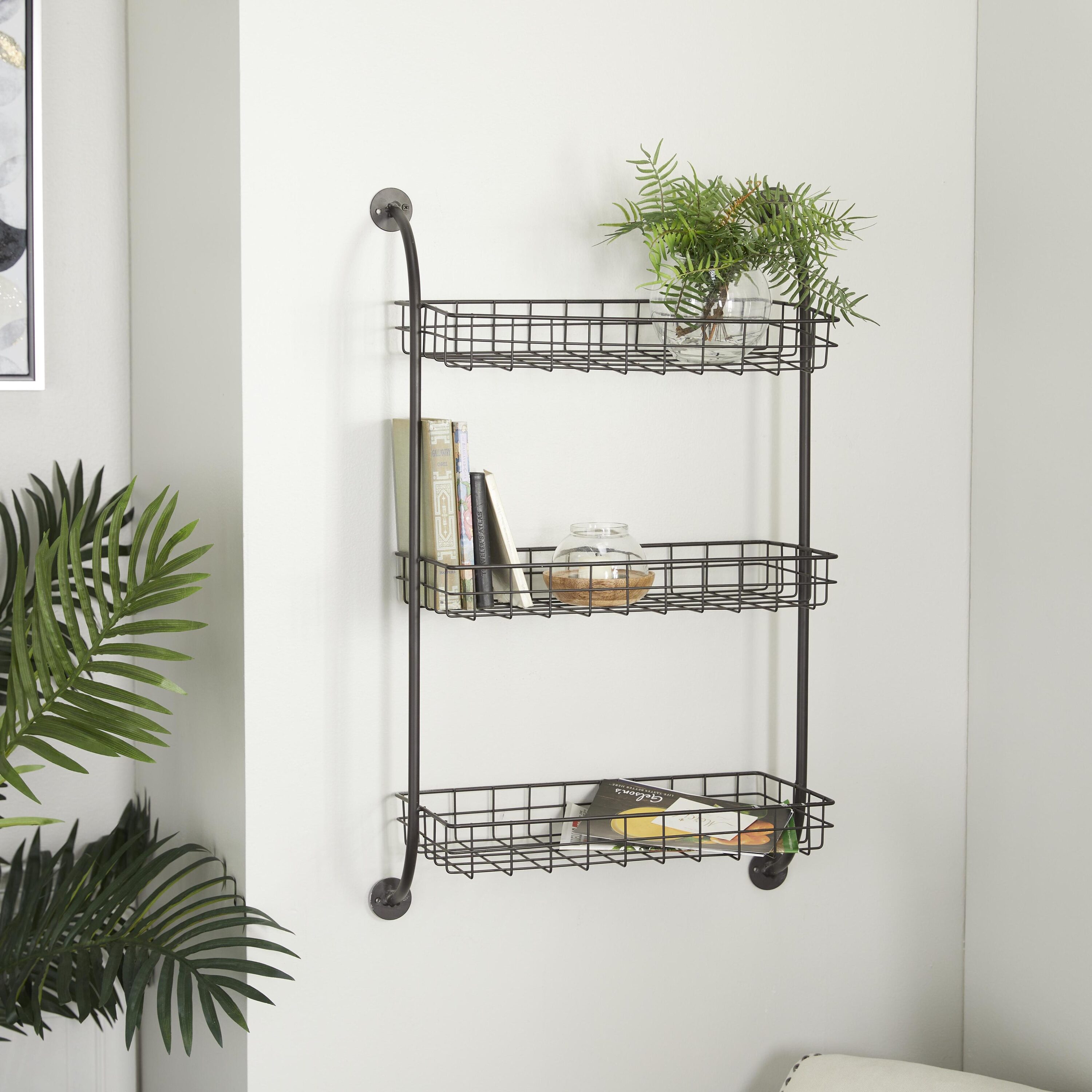Grayson Lane 97242 20.5-Inches L x 10-Inches D x 34-Inches H Black with Suspended Baskets Metal Rectangular Tiered shelf 3 Decorative Shelves