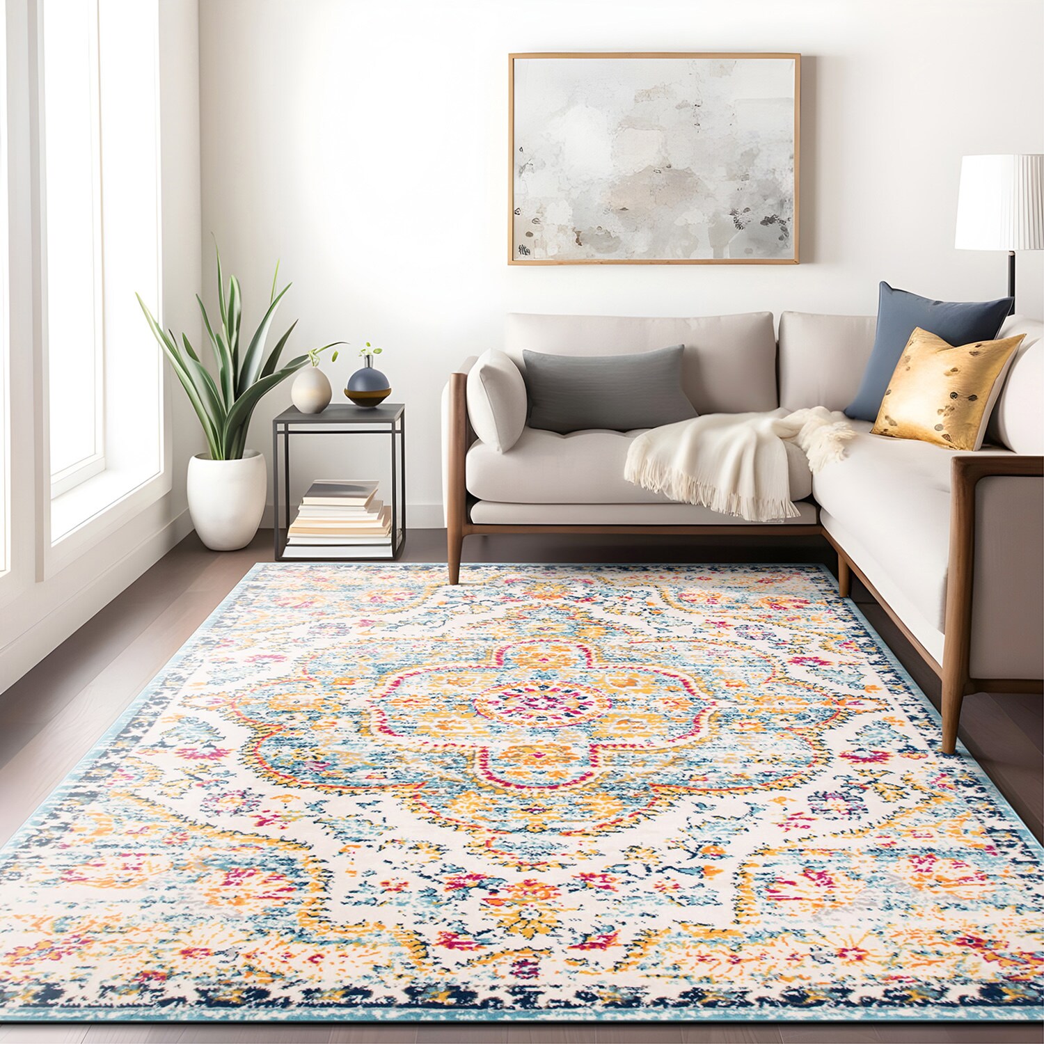Bohemian Blue and Multicolor Distressed Vintage Area Rug 5' x 7'