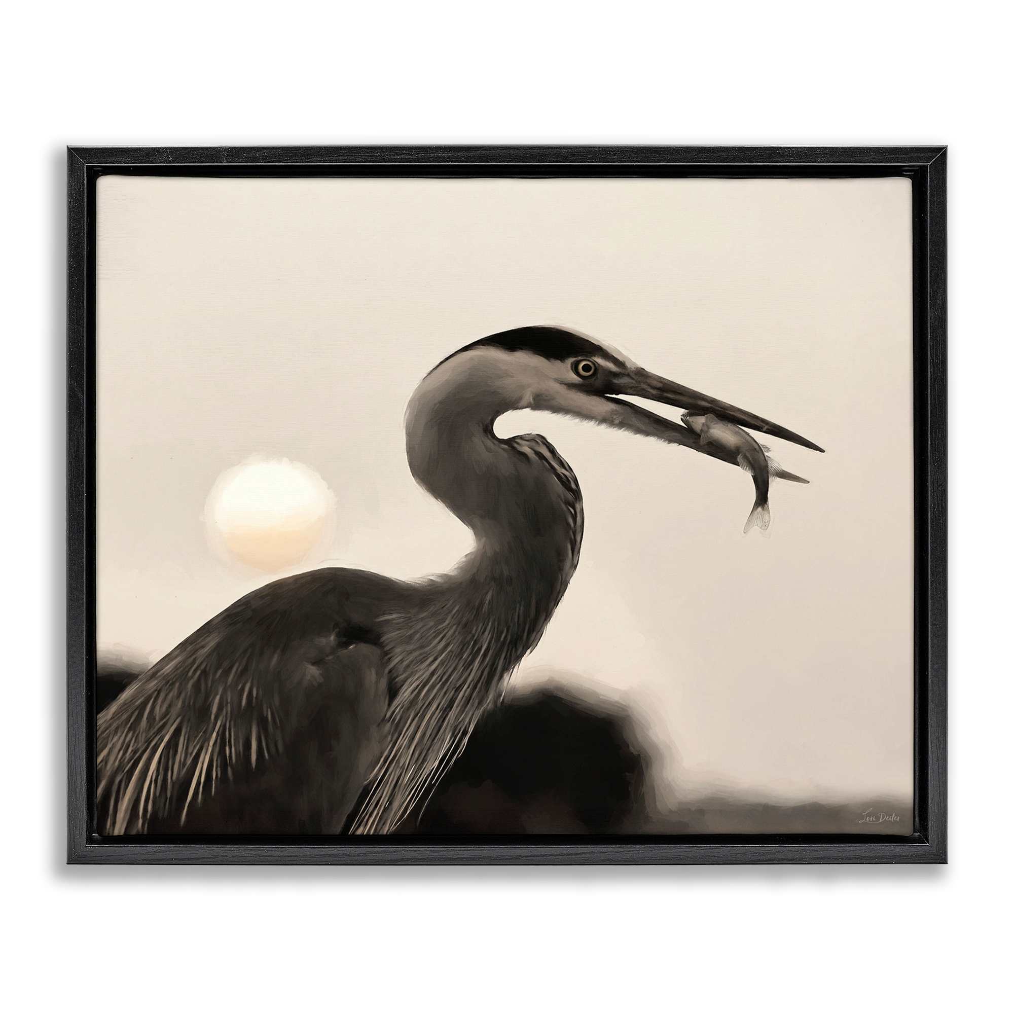 Stupell Industries BS-693-FFB-16X20 Heron Feeding on Fish Black Framed Floater Canvas Wall Art By Lori Deiter 21 x 17