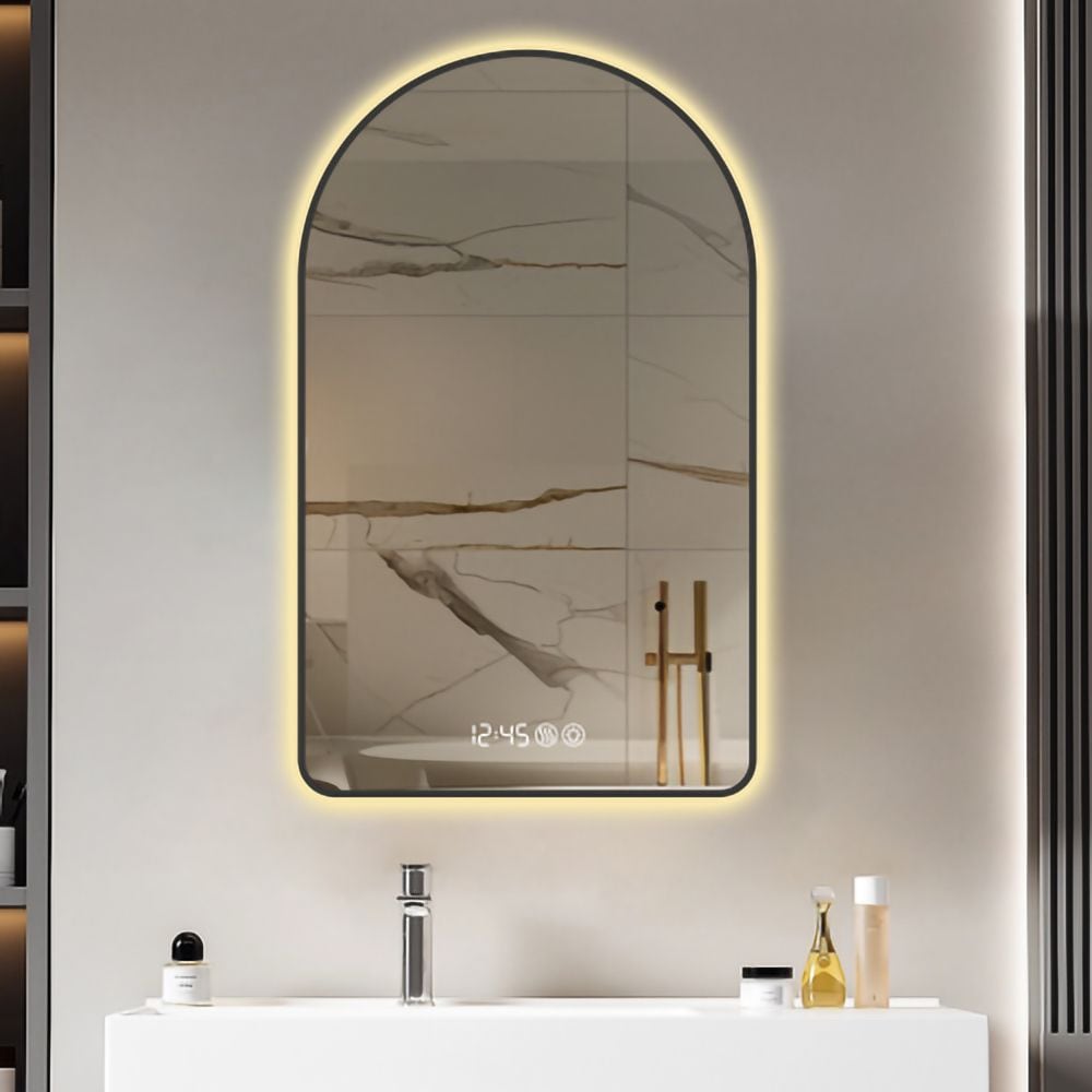 HomLux 28x48 Inch Black Framed Arched LED Bathroom Mirror with Anti Fog Backlight and Smart Time and Temperature Display