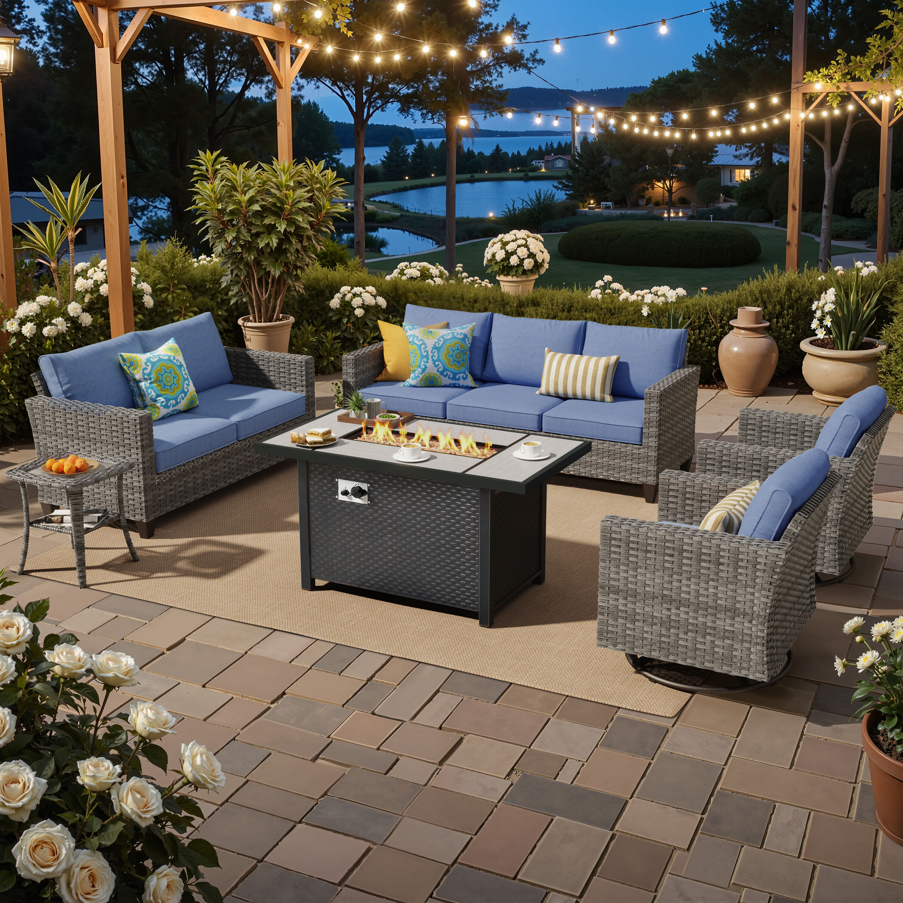 XIZZI XSQL3164-RC3IFP-2 Lullaby 6 -Piece Rattan Patio Sofa Conversation Set with Blue Cushions