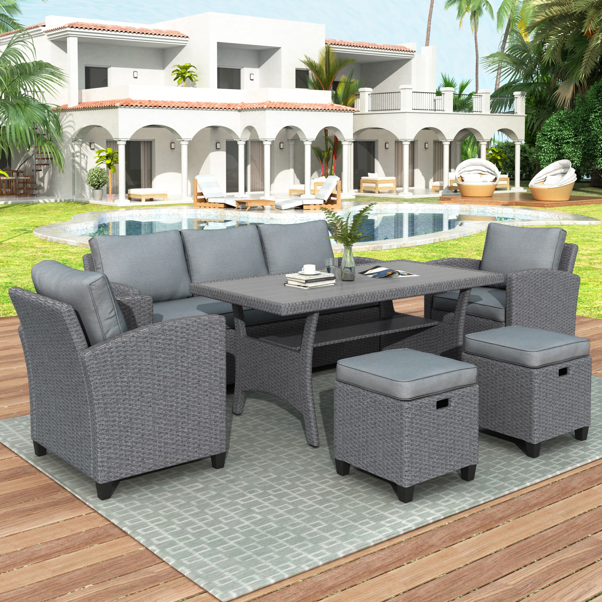 LOVMOR SF-H-SP111236AAE 6-Piece Outdoor Rattan Wicker Set Patio Garden Backyard Sofa Chair Stools and Table Gray