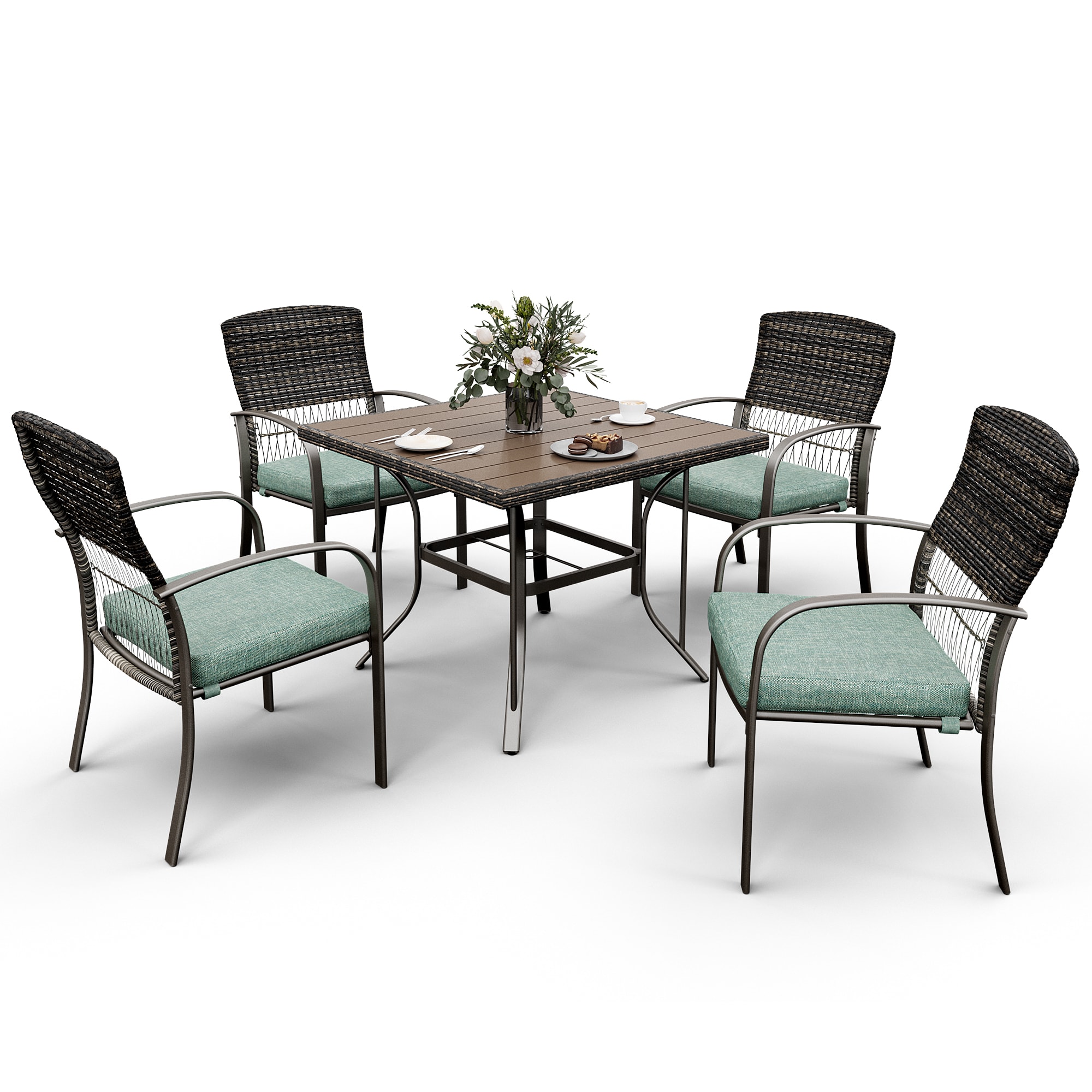 PamaPic TB-CZ-5JT-L-WL1 Patio Dining Sets 5 -Piece Brown Rattan Patio Dining Set Iron Square Table with 4 Green Cushions Stationary Chairs